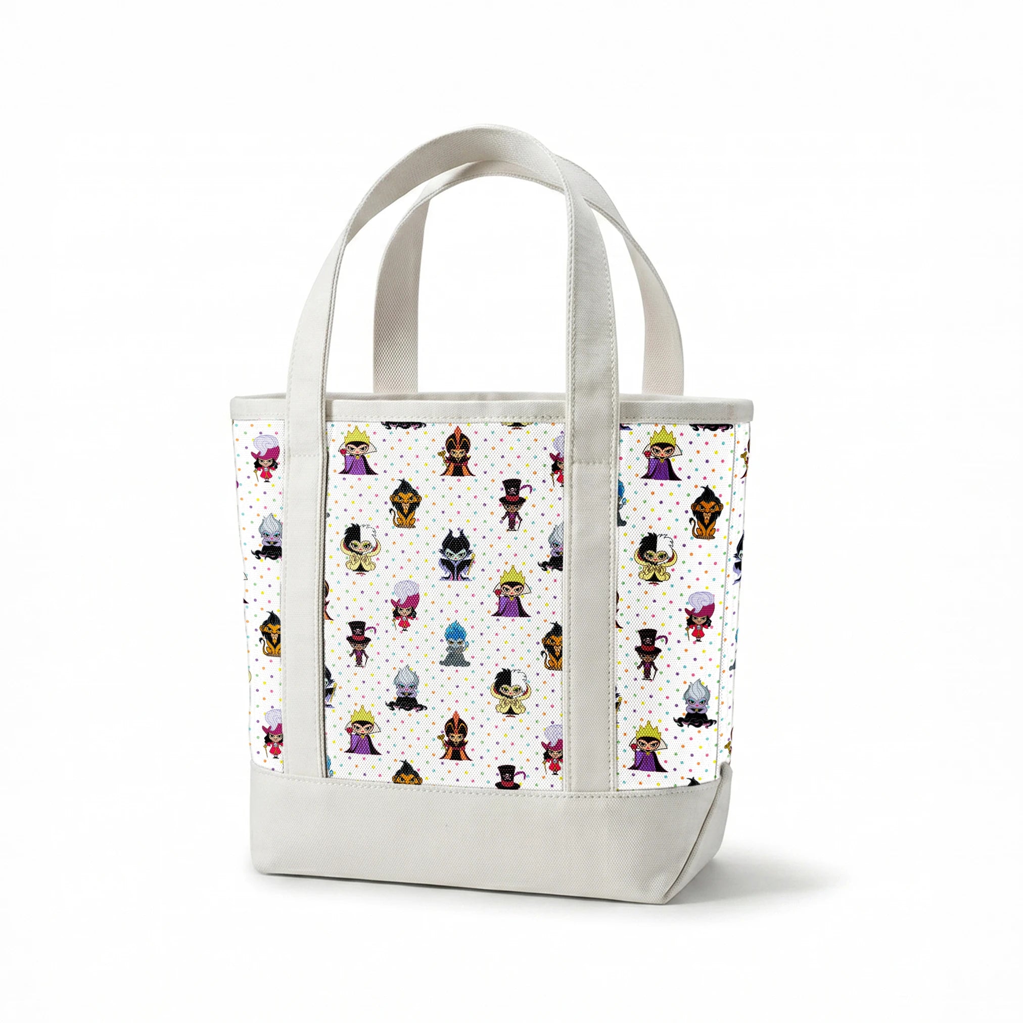 Cartoon Disney villain characters in chibi style scattered on polka dot background, including figures with crowns, capes, and distinctive colorful designs springs canvastote mockup
