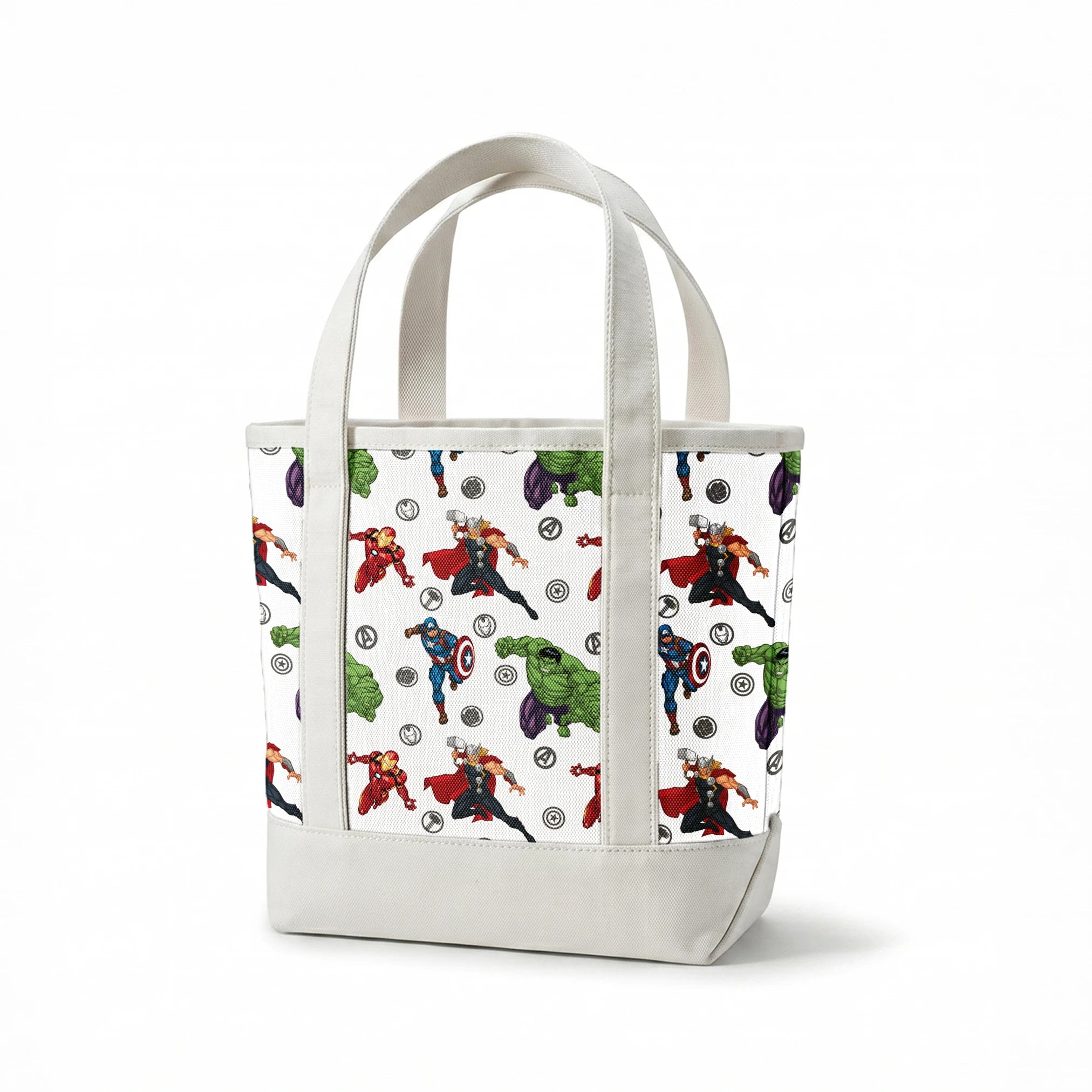 Marvel Avengers characters pattern with Hulk, Thor, Iron Man, and Captain America among superhero logos springs canvastote mockup