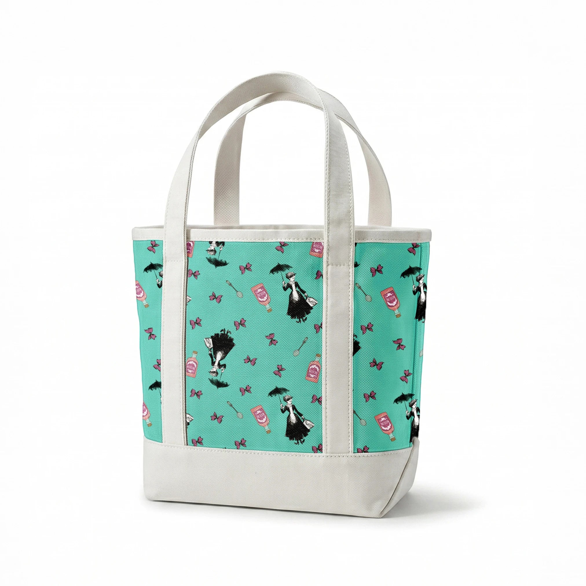 Whimsical illustration pattern with Mary Poppins holding umbrella, pink bottles, and purple butterflies on mint green background. springs canvastote mockup