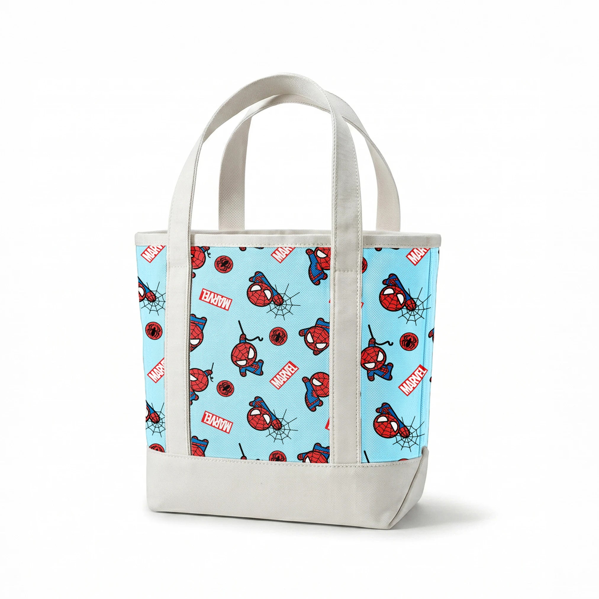 Spider-Man pattern with cartoon character poses, Marvel logos, and spider symbols on light blue background springs canvastote mockup
