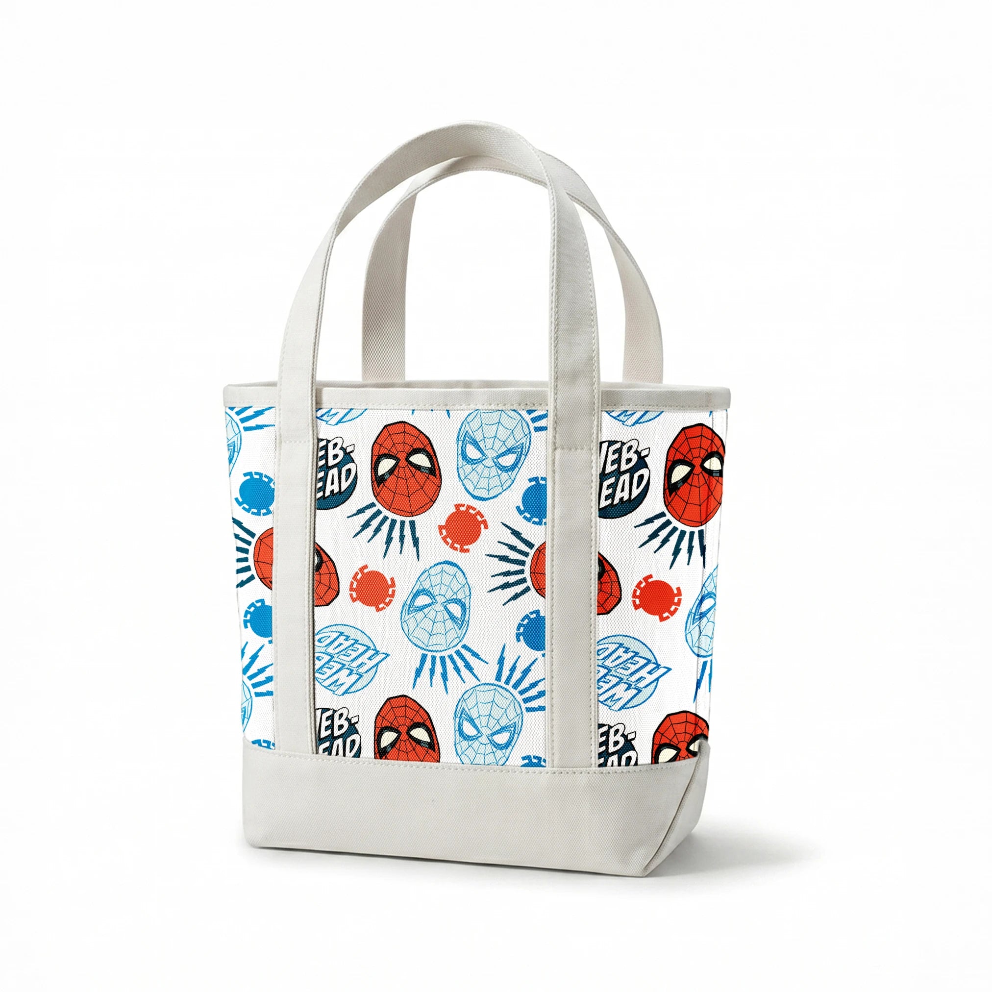 Spider-Man masks pattern with blue and red heads, "WEB HEAD" text, and radiating lines on white background. springs canvastote mockup