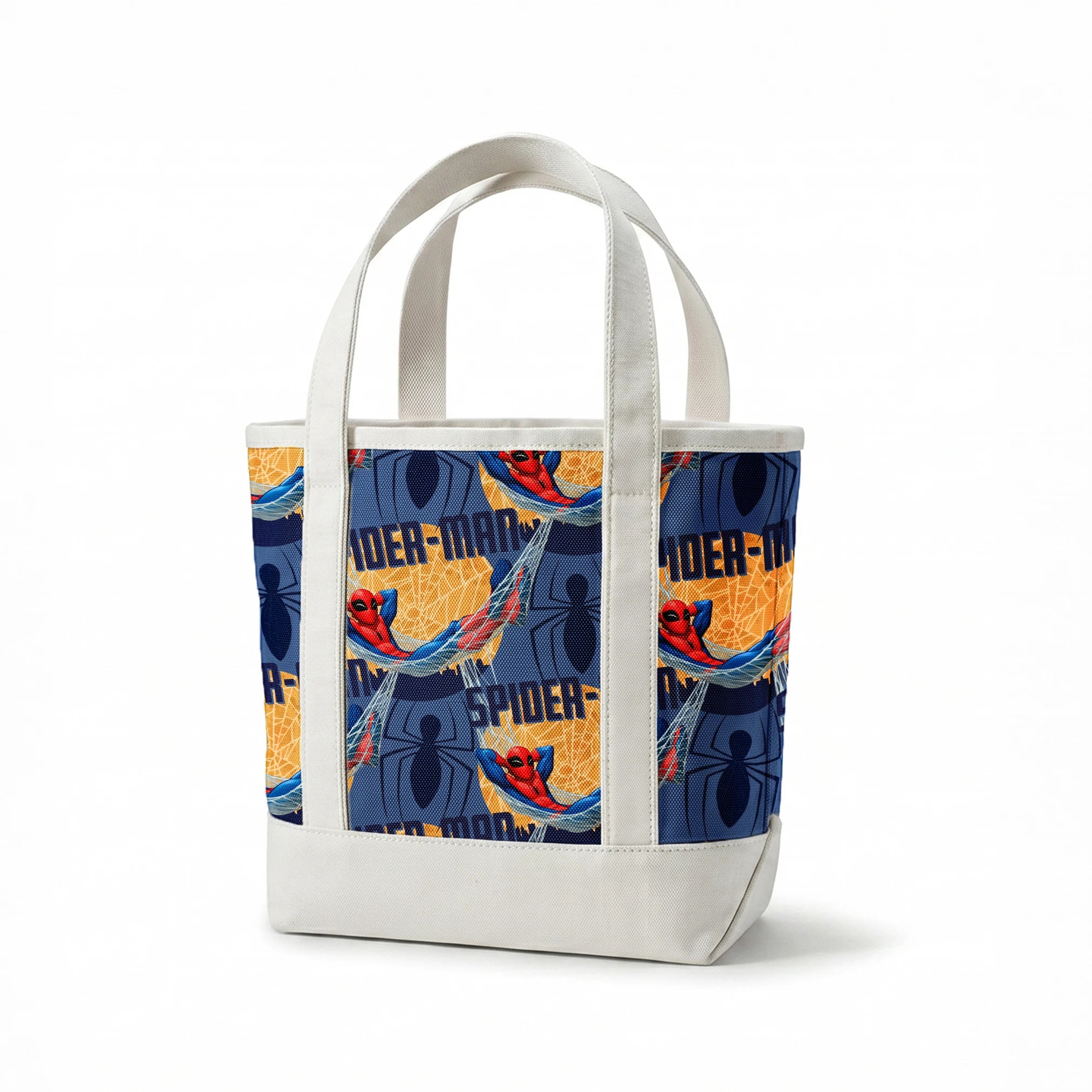Spider-Man pattern with cartoon superhero in red and blue swinging on webbing against navy and gold background springs canvastote mockup