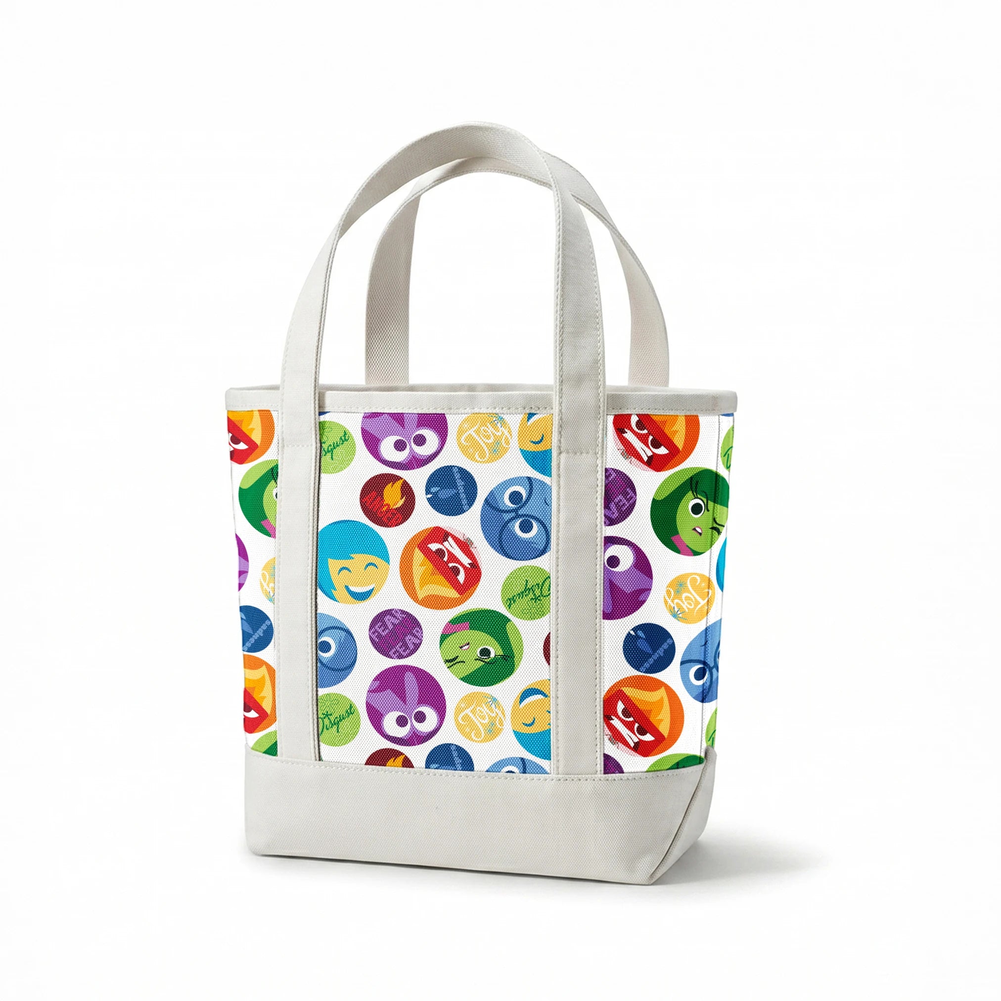 Colorful Inside Out character circles with various expressions in purple, green, blue, yellow, and red springs canvastote mockup