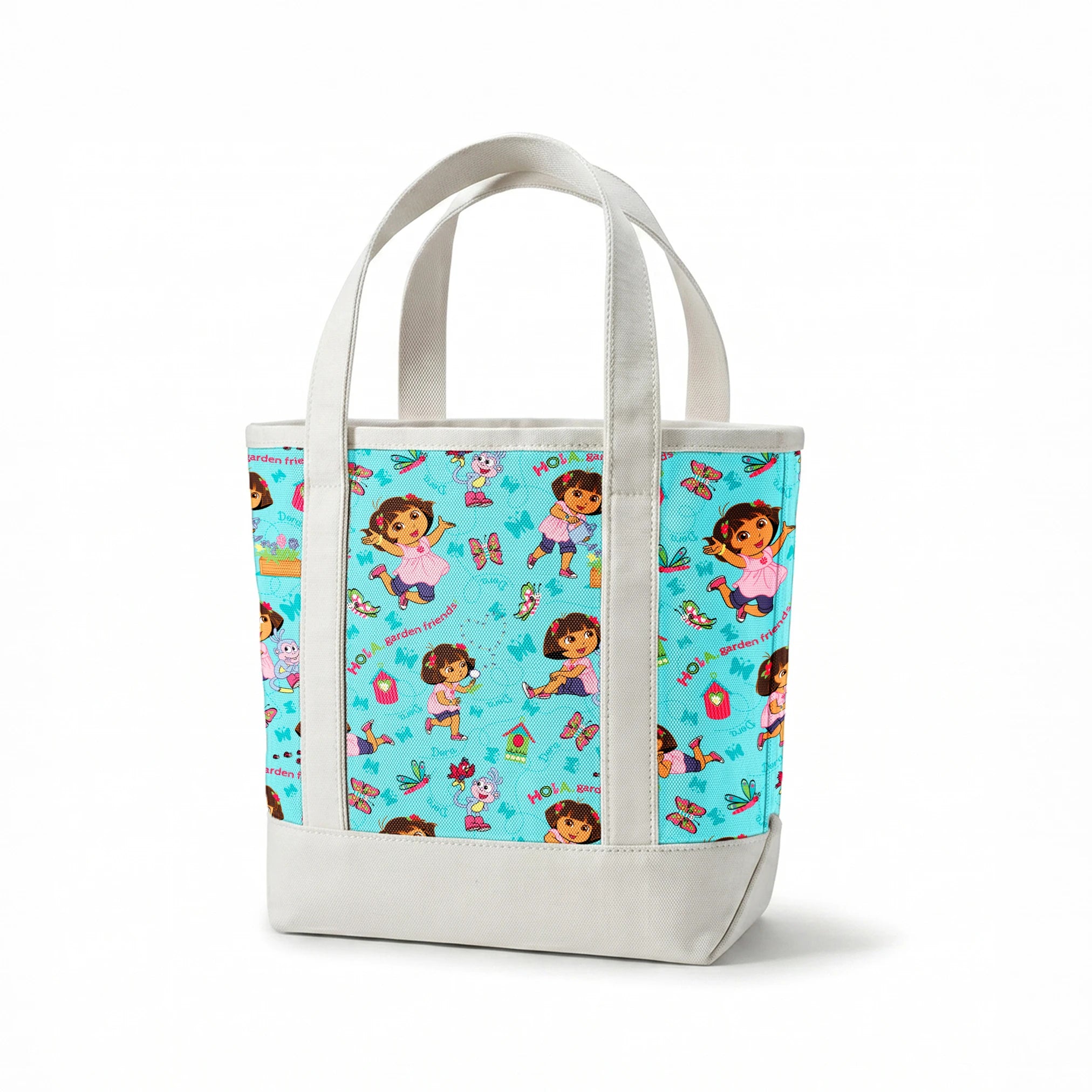 Colorful Dora the Explorer pattern on light blue background springs canvastote mockup