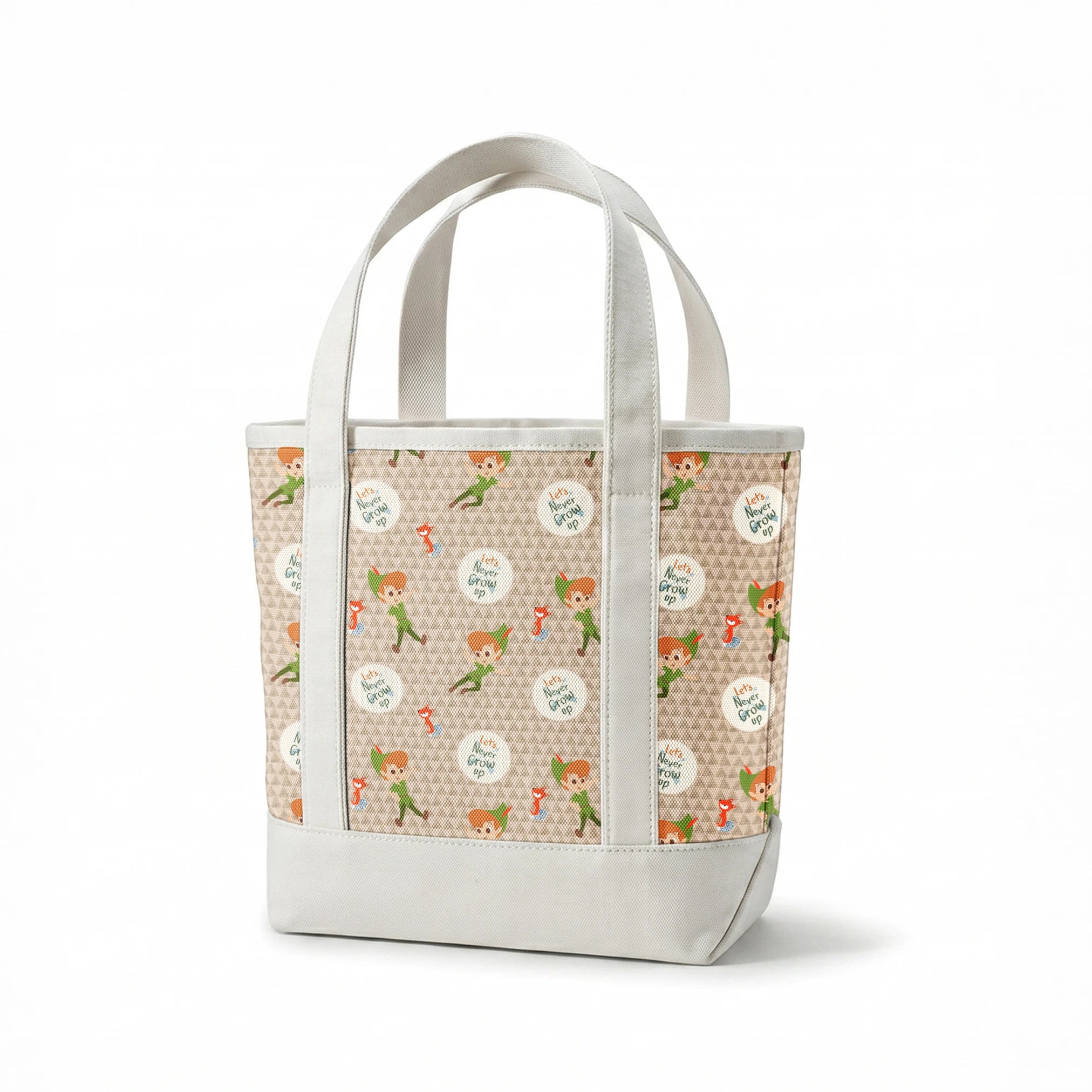 Cartoon pattern featuring Peter Pan character flying, orange foxes, and "Let's Never Grow Up" text on beige background springs canvastote mockup