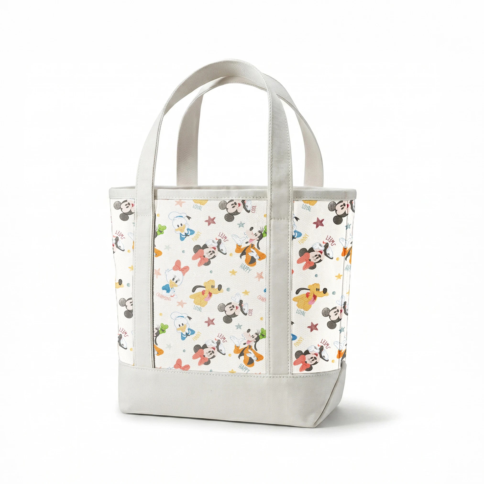 Colorful Disney character pattern with Mickey, Minnie, Donald, Pluto and stars on white background springs canvastote mockup