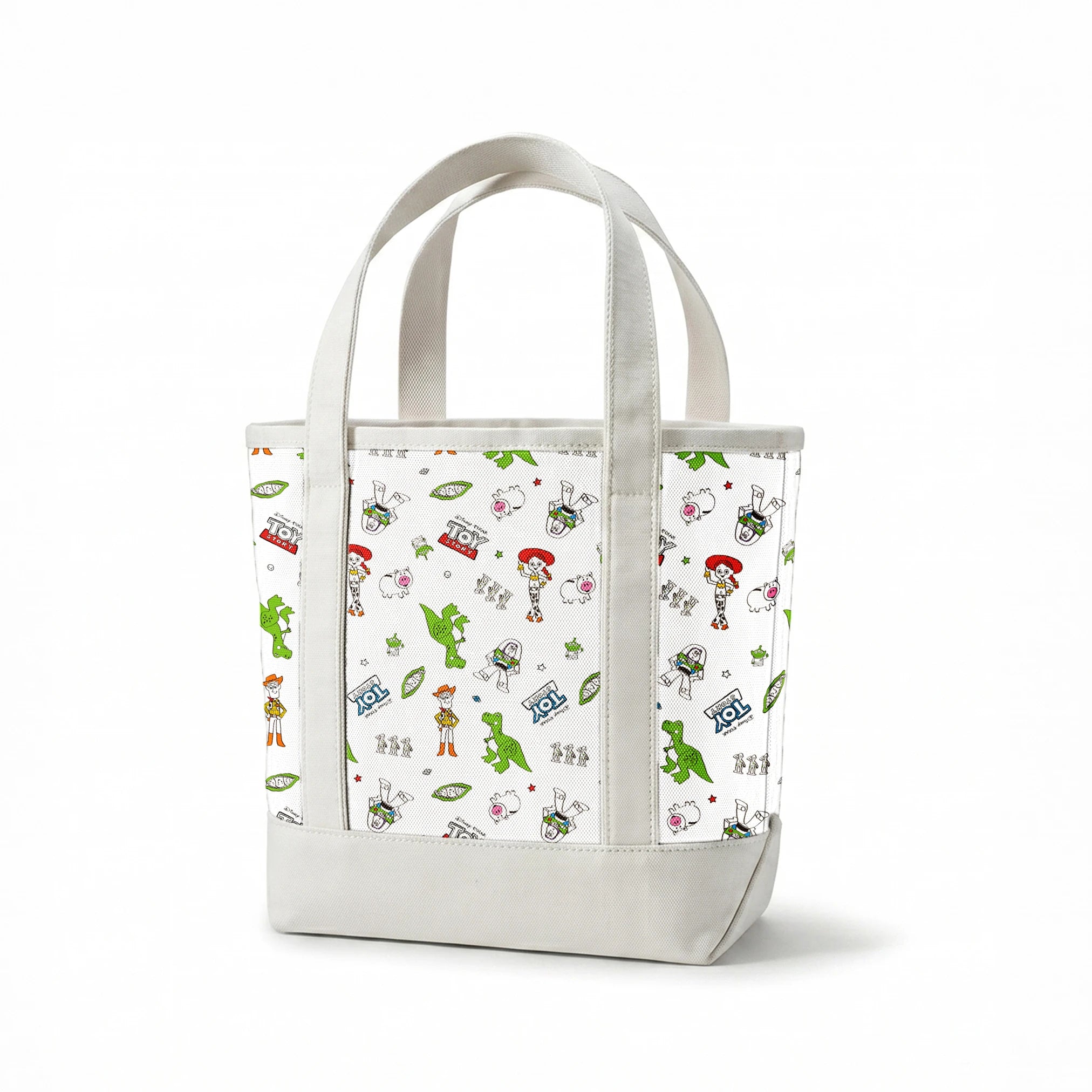 Toy Story pattern with Rex, Buzz, Woody, and alien characters scattered on white background springs canvastote mockup