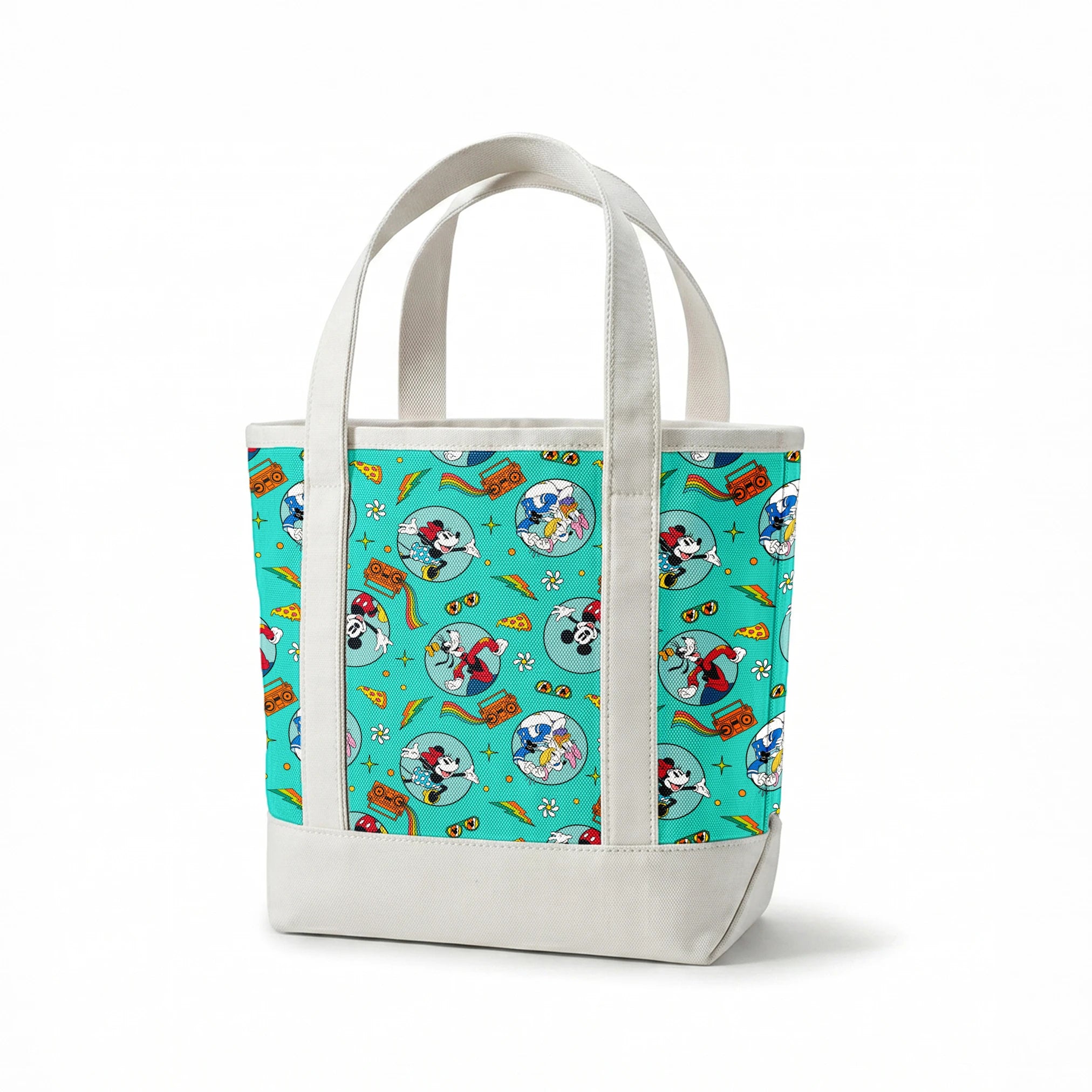 Colorful Mickey Mouse and friends pattern with pizza, boomboxes, sunglasses on teal background springs canvastote mockup