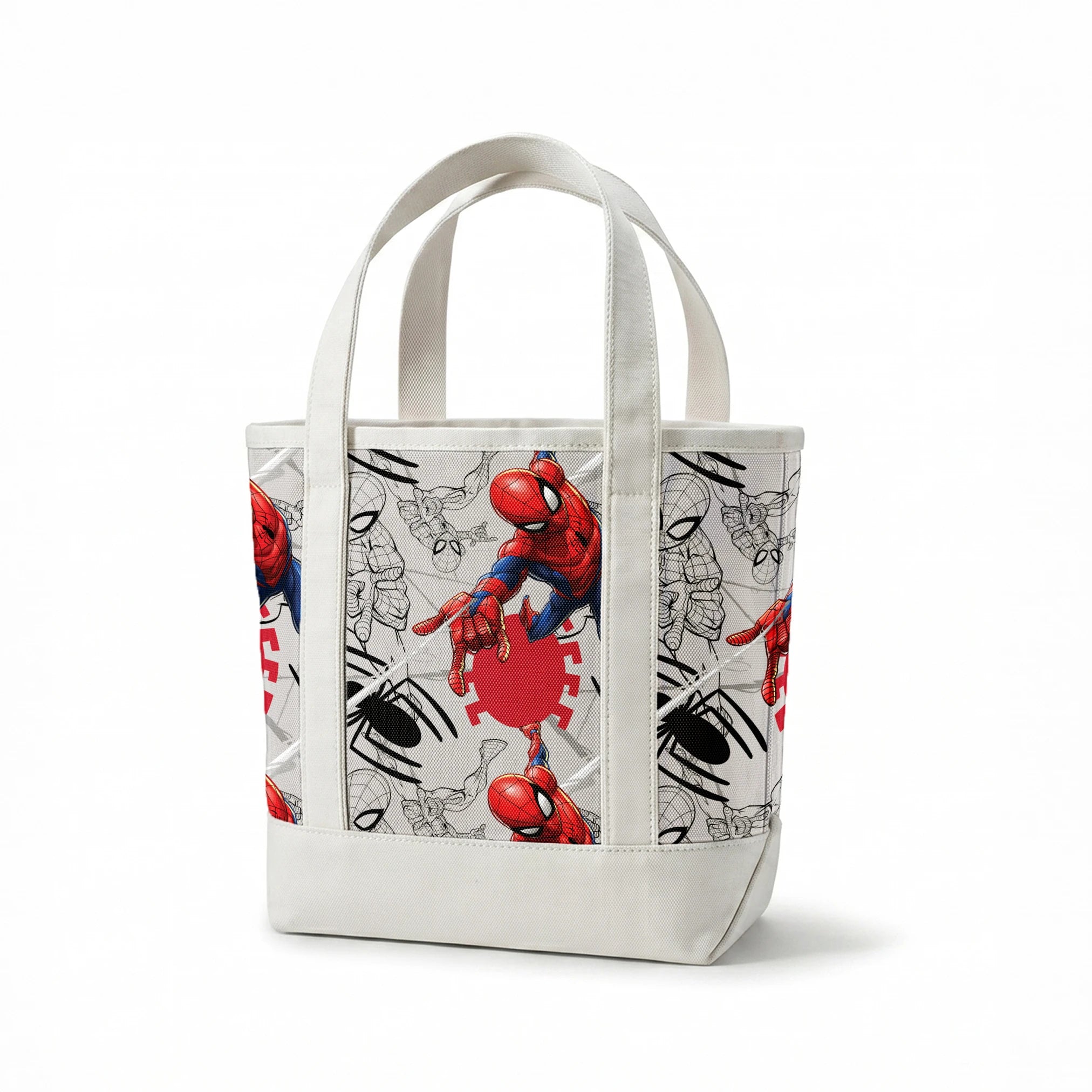 Spider-Man in various poses, including colored and line art illustrations on a red and gray background springs canvastote mockup
