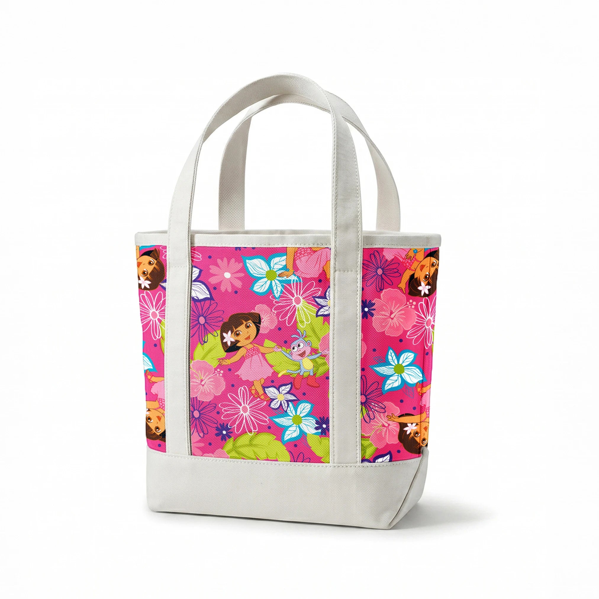 Colorful cartoon pattern with Dora the Explorer characters among vibrant flowers on pink background springs canvastote mockup