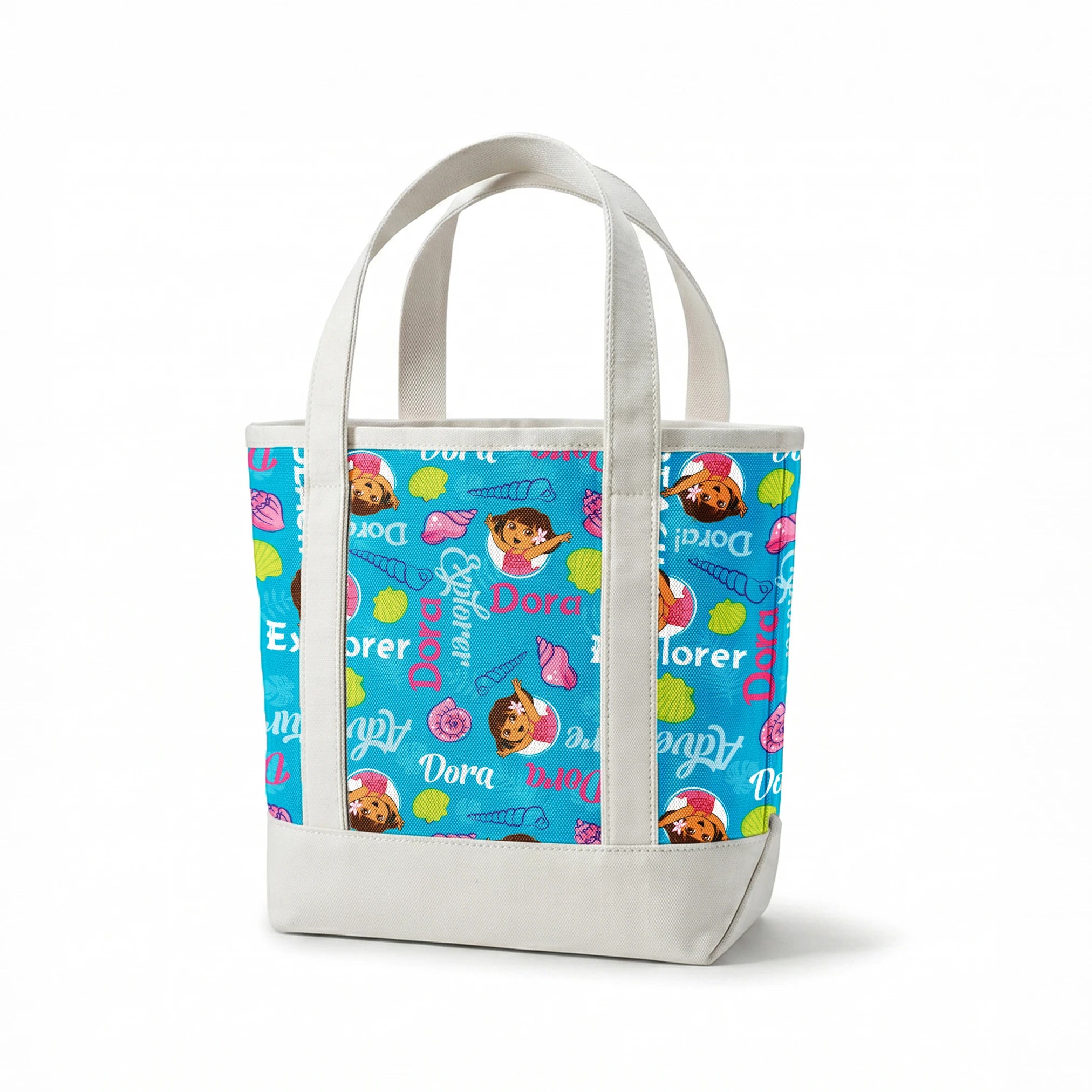 Bright blue pattern featuring Dora the Explorer cartoon character with seashells and "Beach Explorer" text springs canvastote mockup