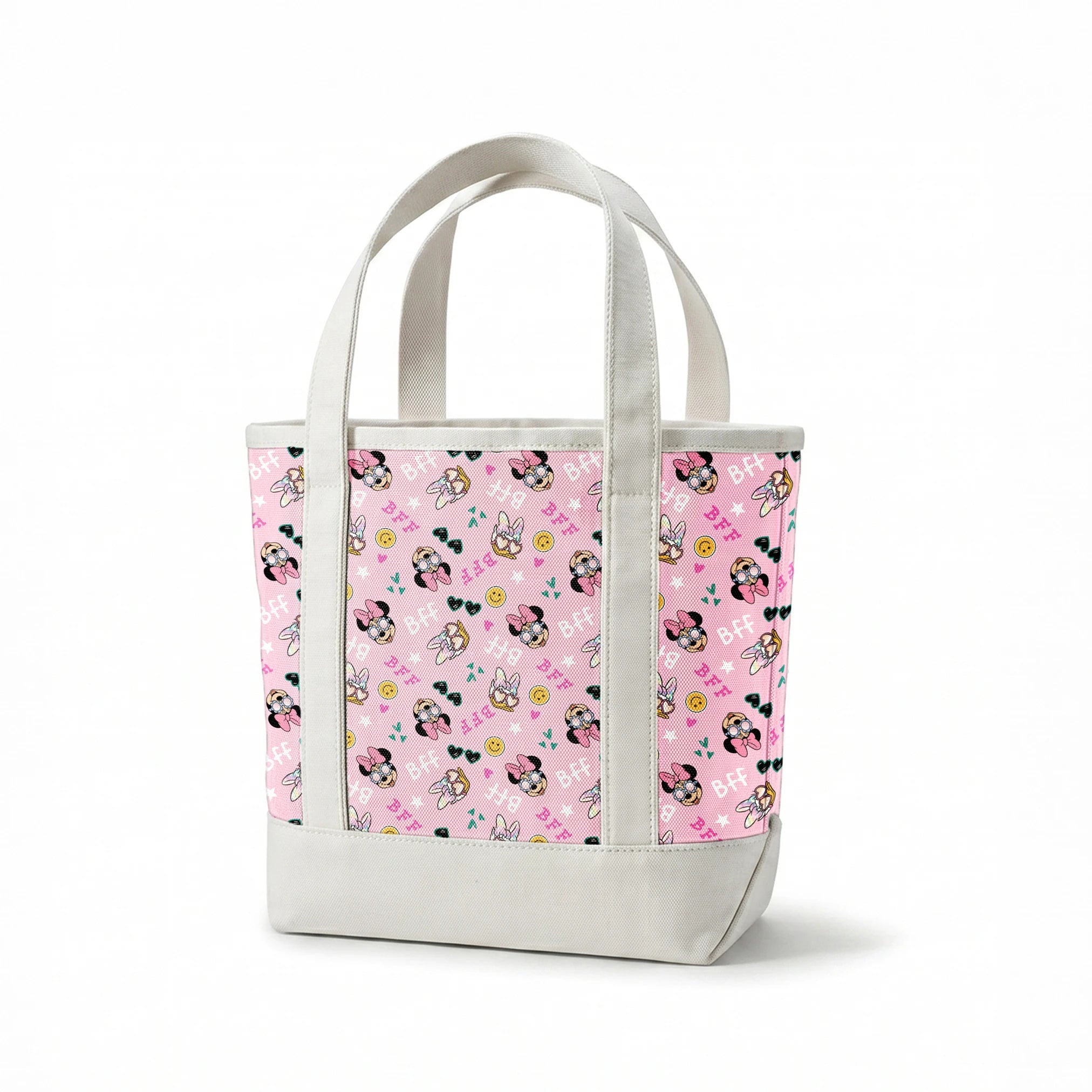 Pink background with Minnie Mouse pattern featuring bows, heart sunglasses, smiley faces, and "BFF" text in playful colors. springs canvastote mockup