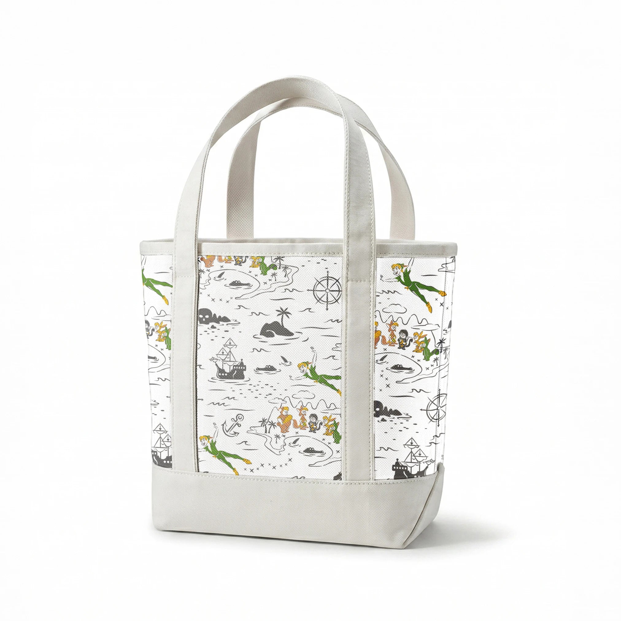 Peter Pan-inspired pattern with islands, ships, mermaids, compass roses, and pirate symbols in green, orange, and gray on white background springs canvastote mockup