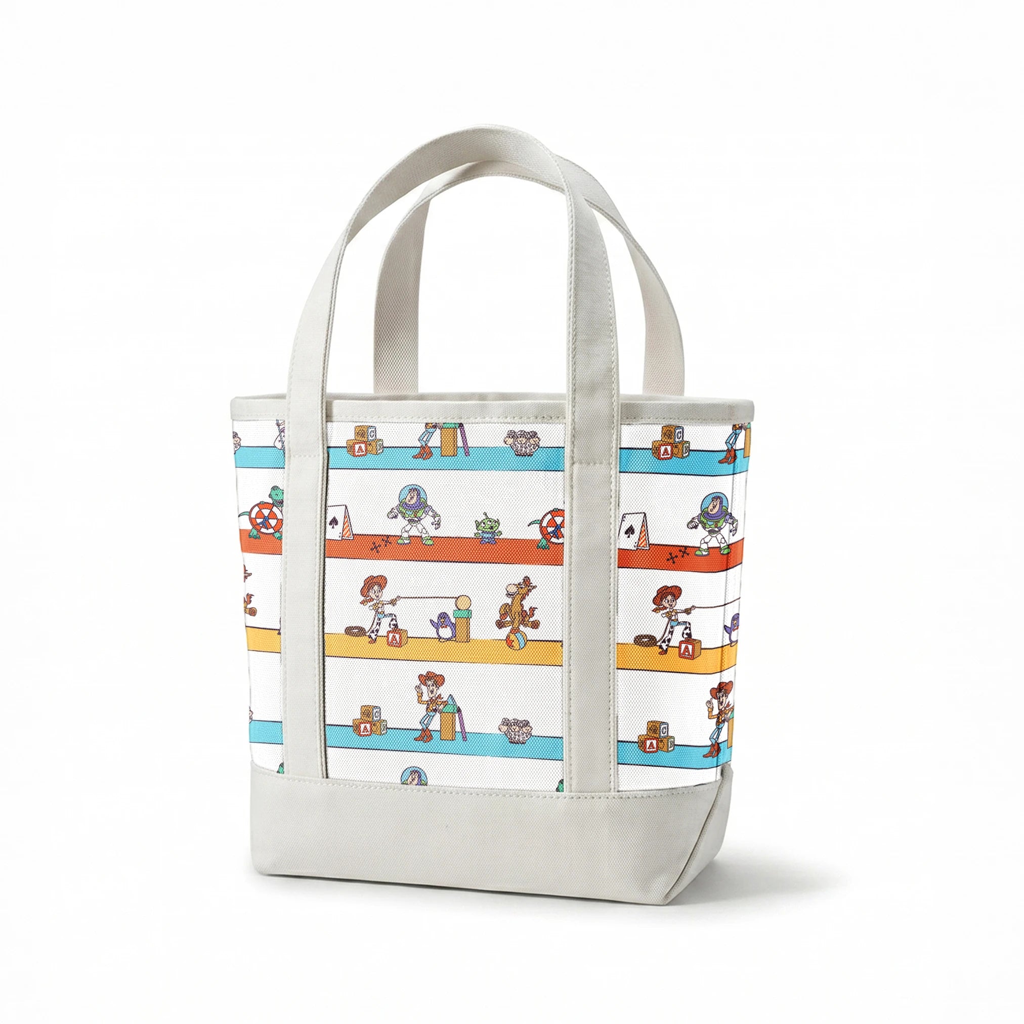 Cartoon illustration of three rows showing different Toy Story characters in action - Woody, Buzzlightyear, Jessie, & more! springs canvastote mockup