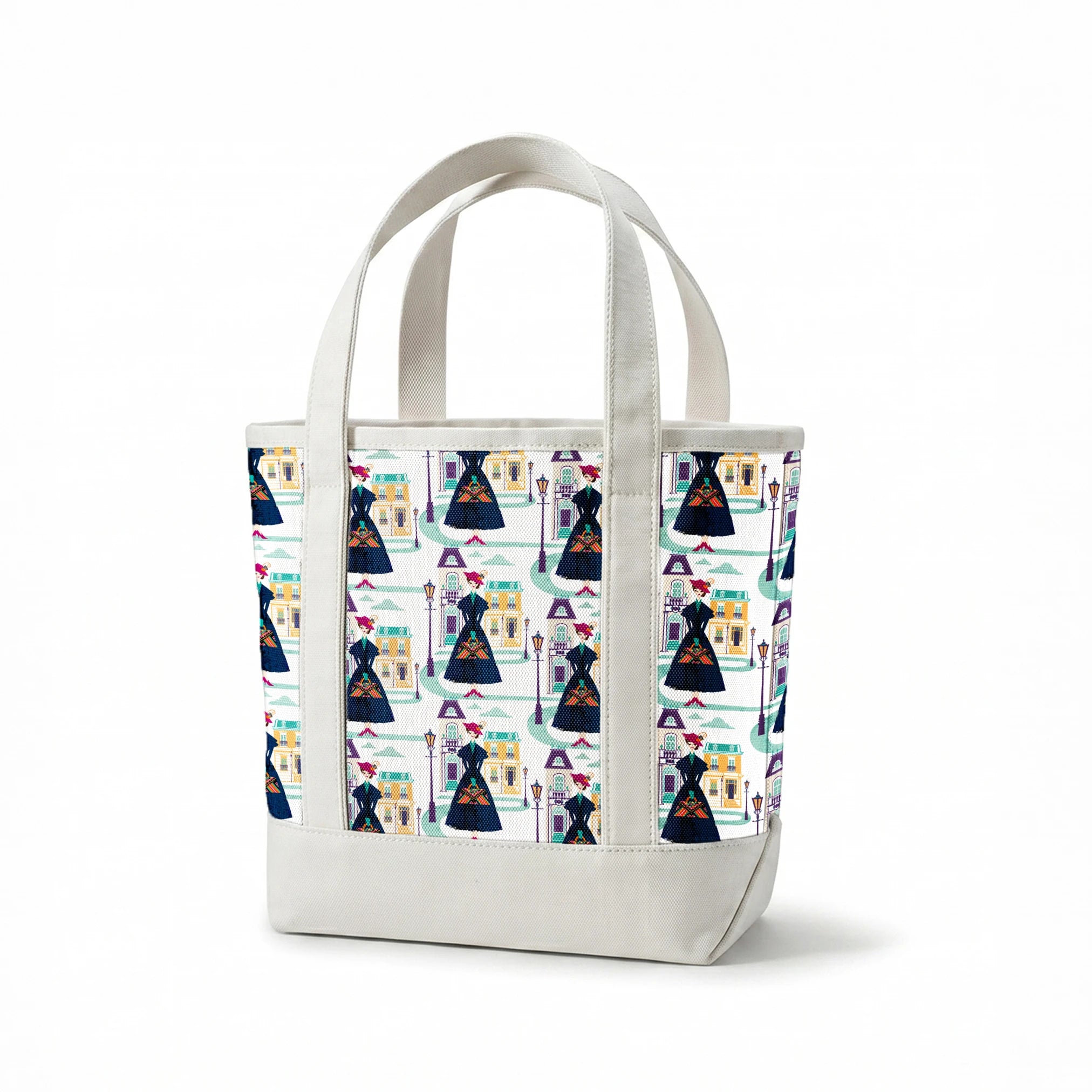 Illustrated pattern of Mary Poppins, standing among pastel townhouses and streetlamps. springs canvastote mockup