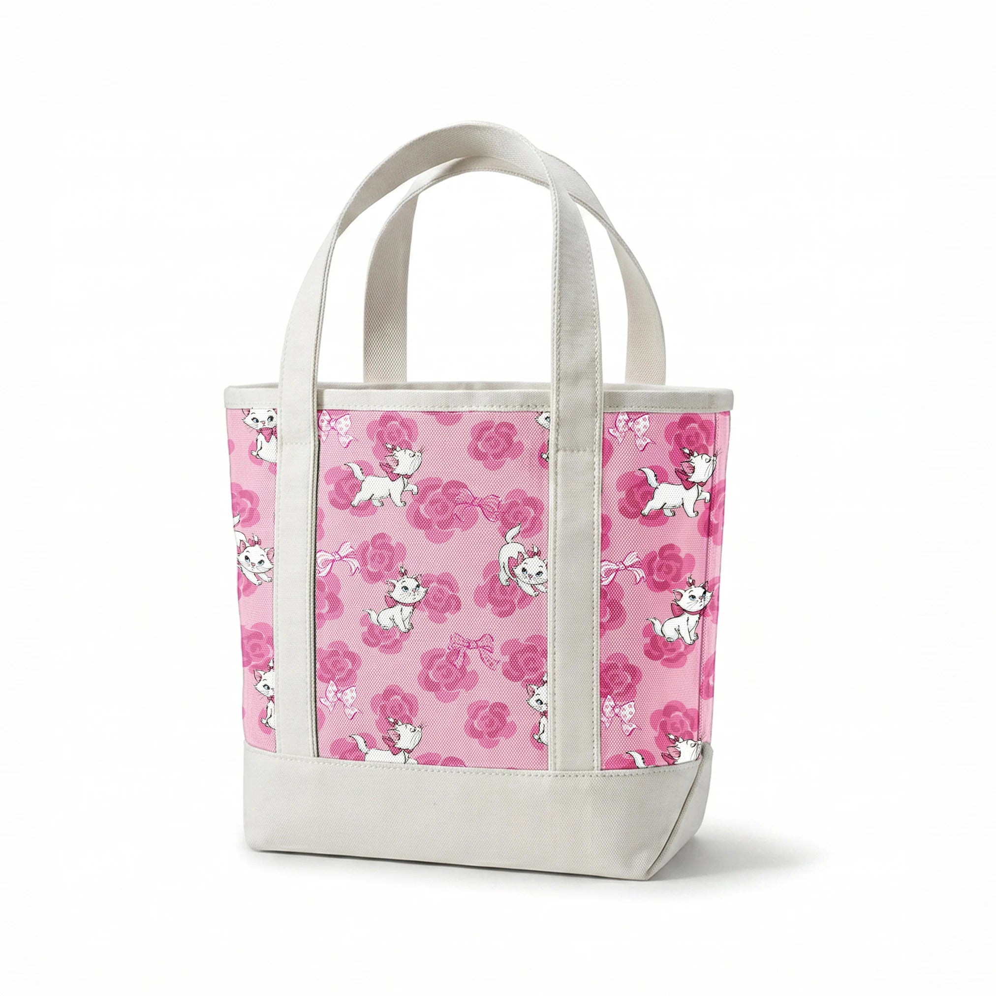 Marie from The Aristocats playing on pink rose pattern background springs canvastote mockup