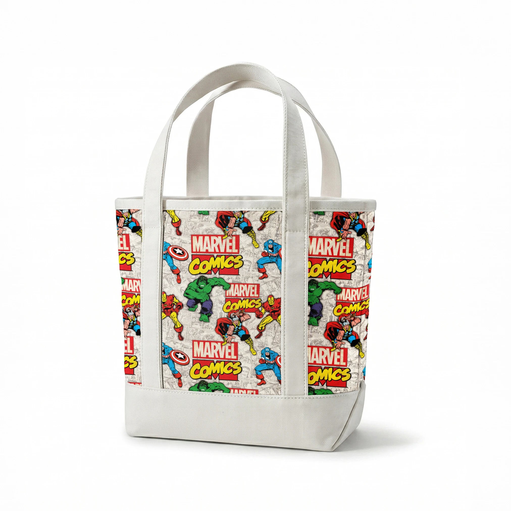 Marvel Comics collage pattern featuring iconic superheroes in action poses against comic book page background springs canvastote mockup