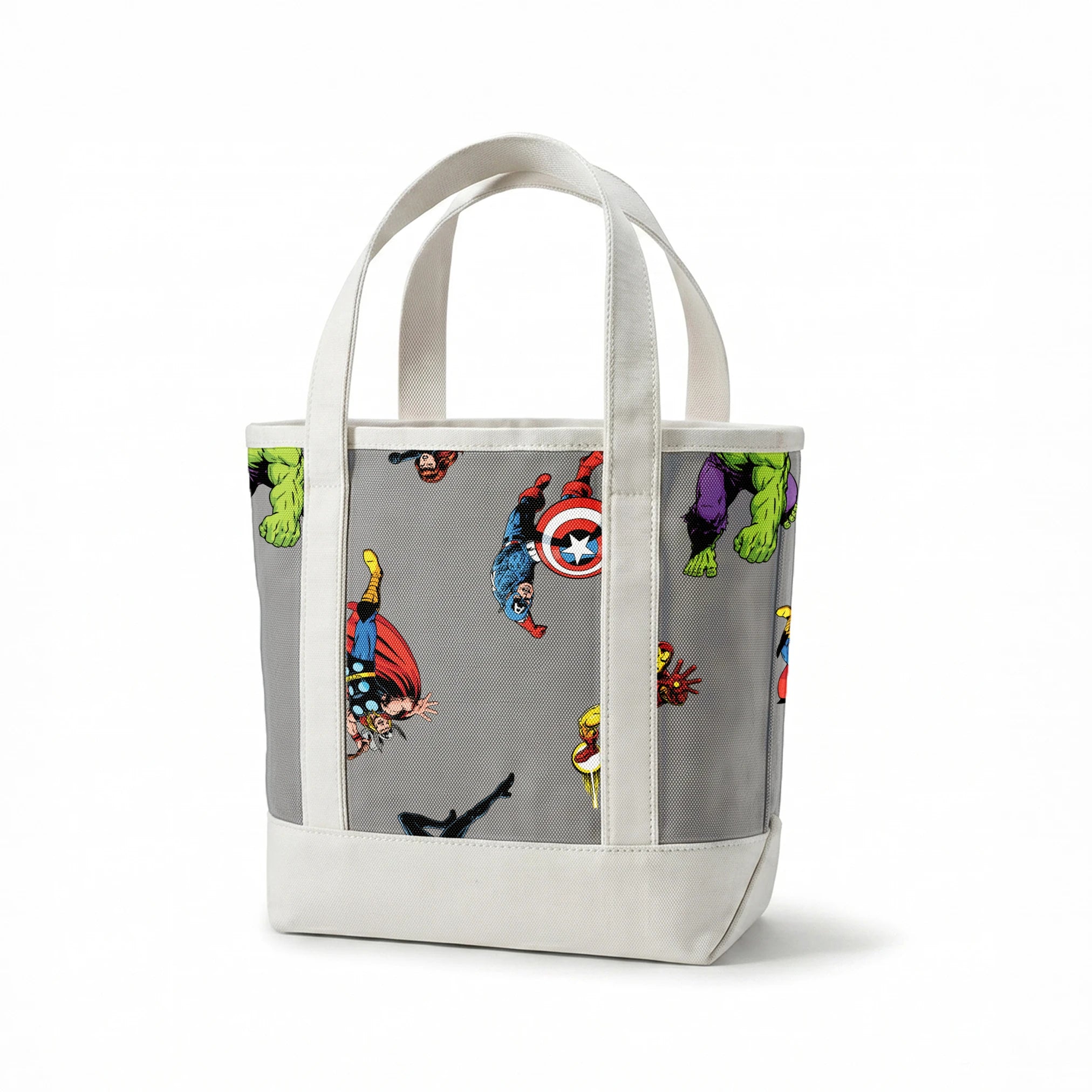 Marvel superheroes pattern with Hulk, Thor, Captain America, and Iron Man on gray background springs canvastote mockup