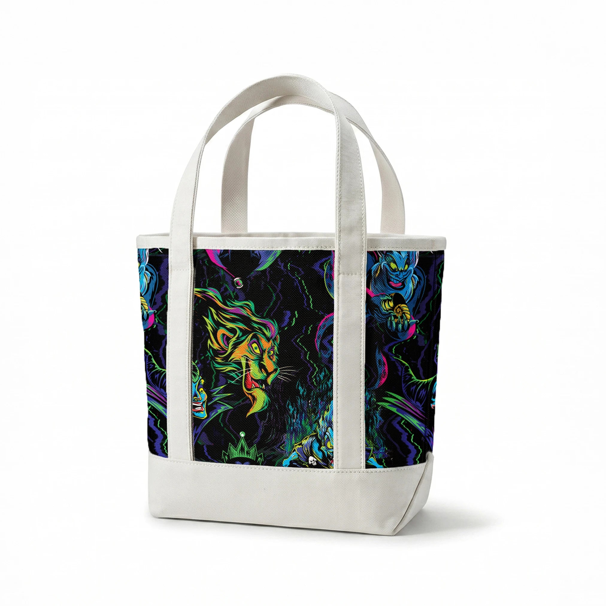Colorful Disney villains in neon colors against black background springs canvastote mockup