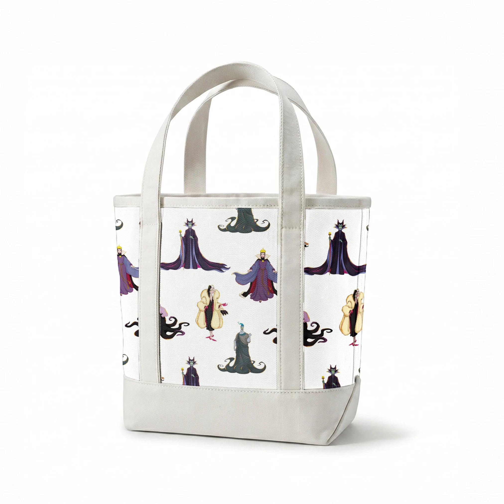 Disney villains pattern with Evil Queen, Scar, Maleficent, Ursula, and Cruella on white background springs canvastote mockup