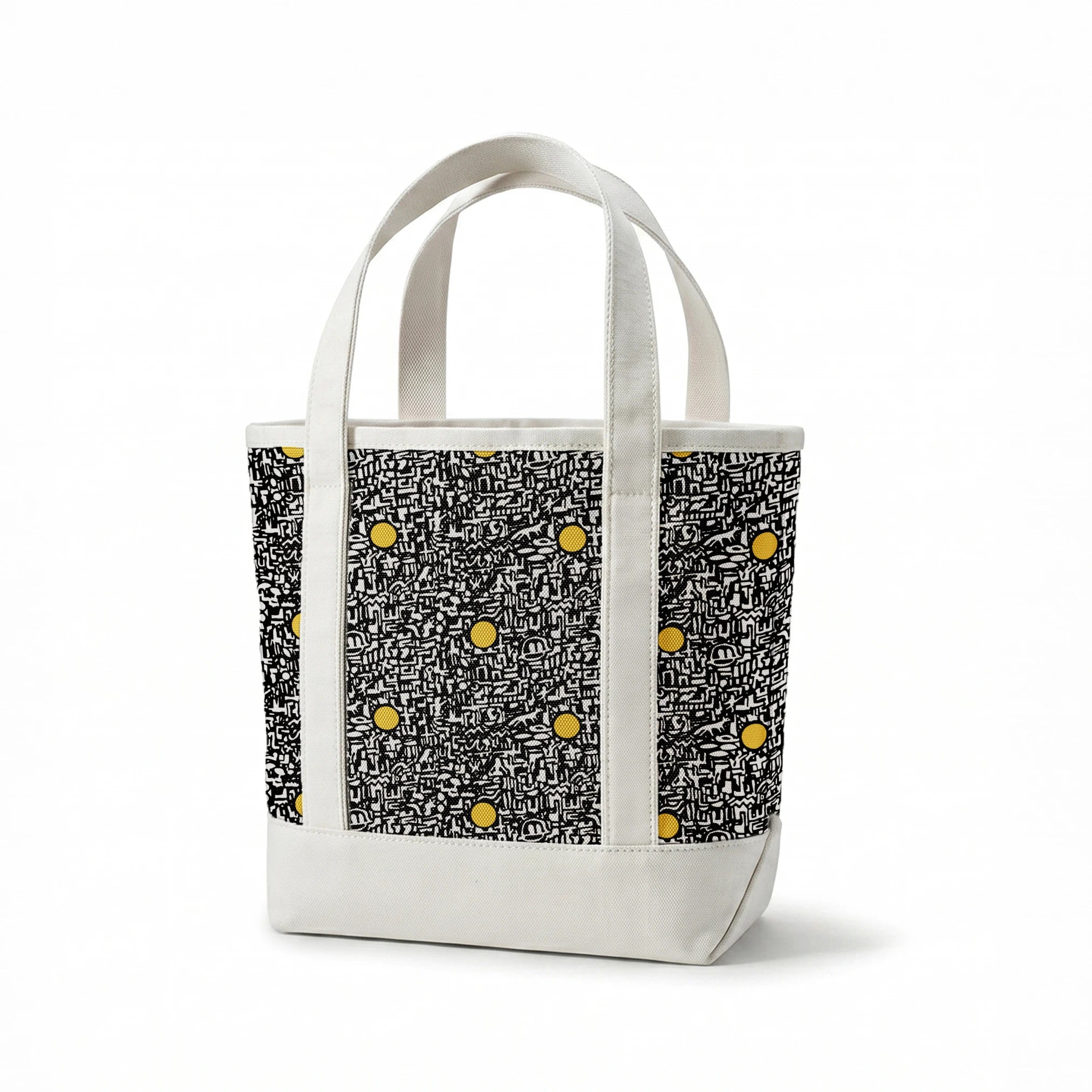Abstract black and white maze pattern with scattered golden yellow dots arranged in a grid springs canvastote mockup