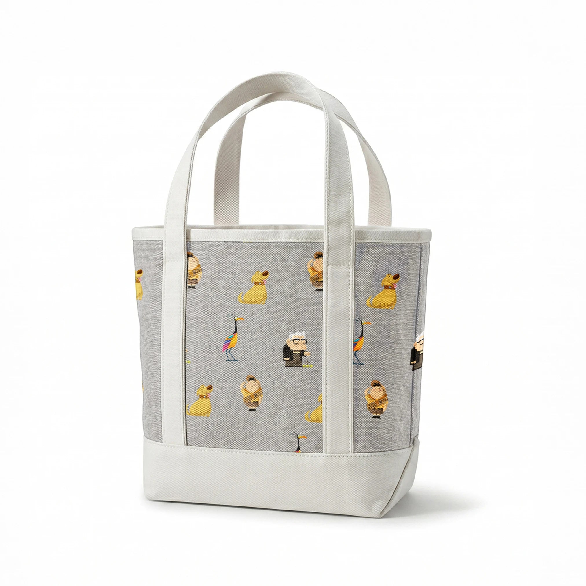 Up pattern with wilderness explorer characters, yellow birds, and colorful details on gray background springs canvastote mockup