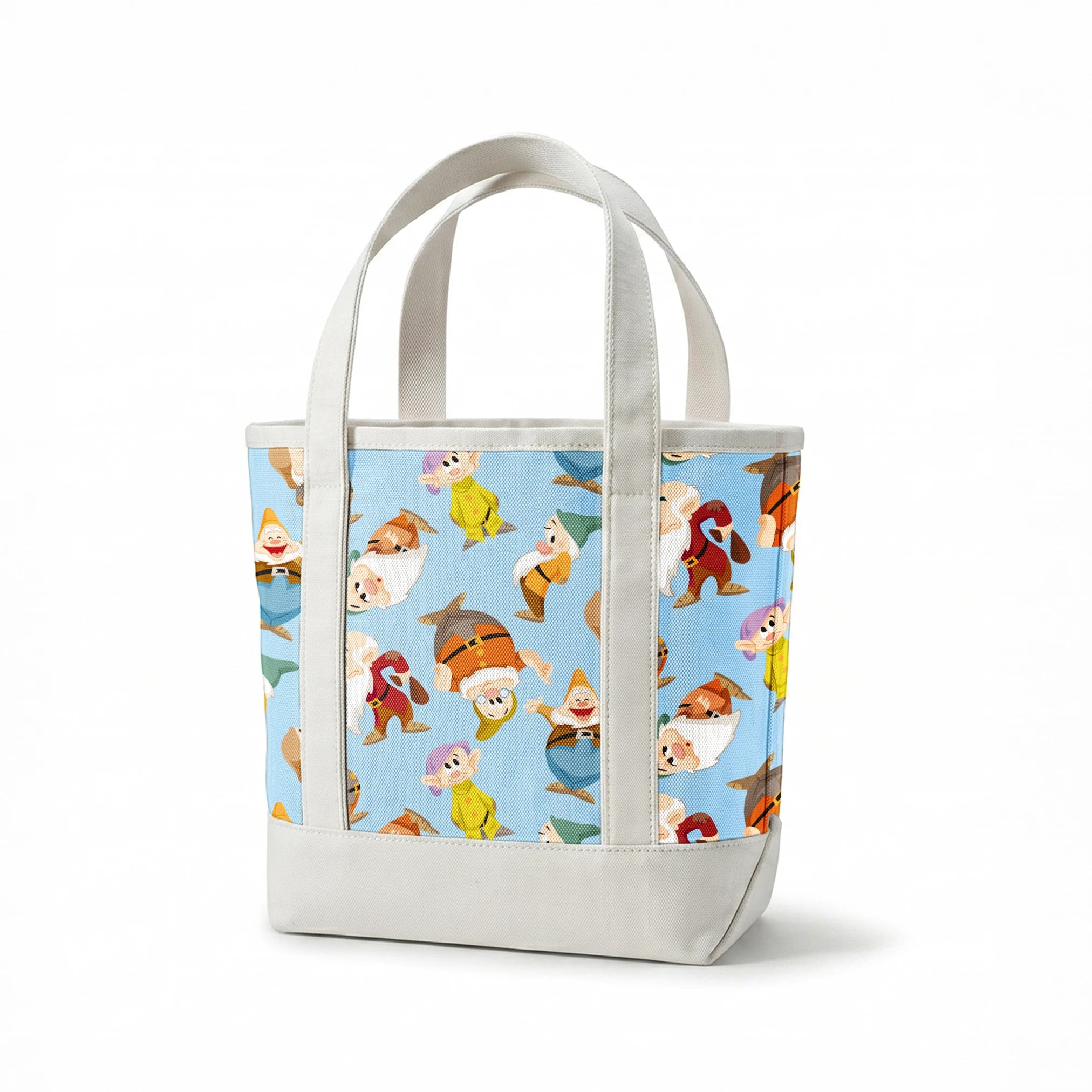 Pattern of cartoon dwarfs in colorful outfits on light blue background springs canvastote mockup