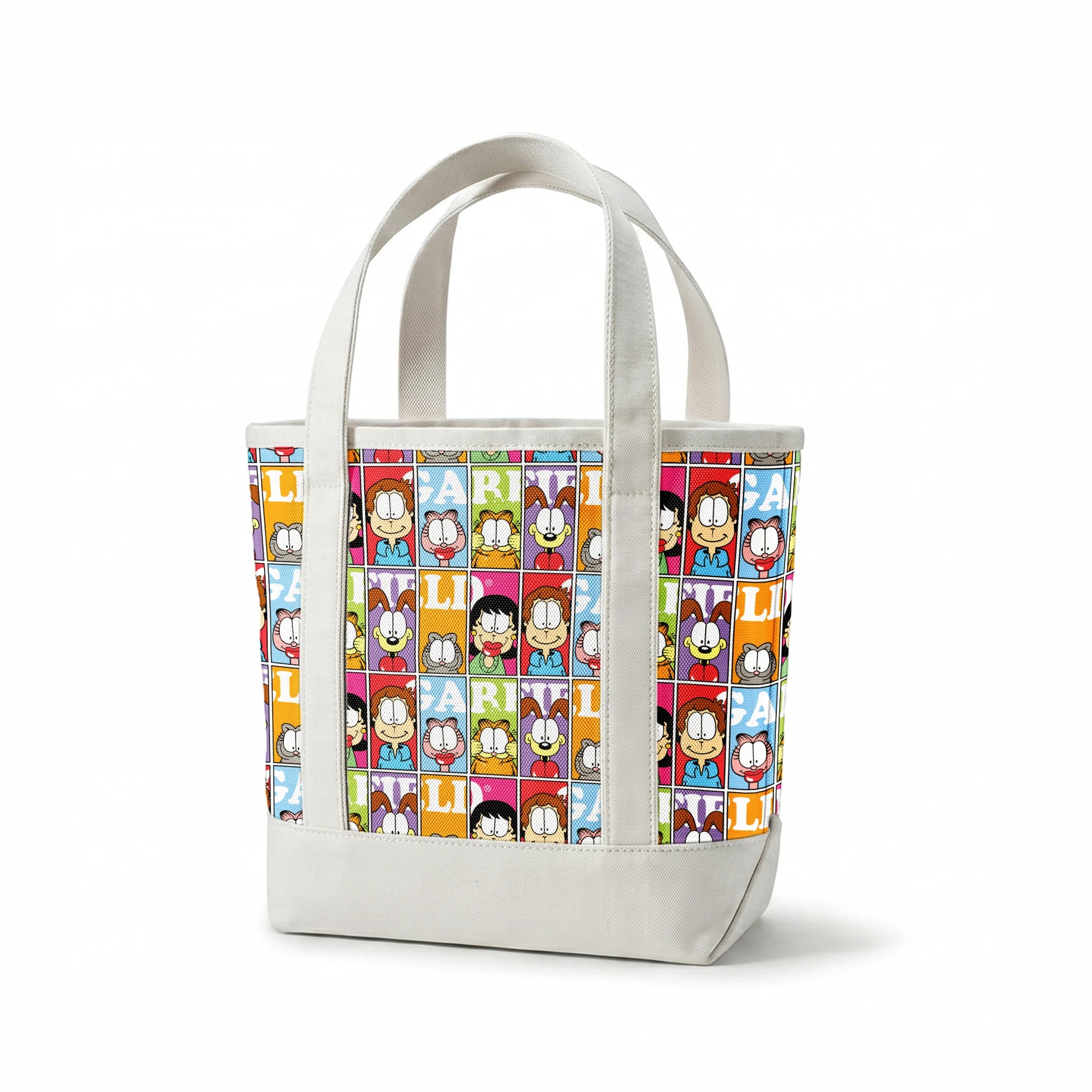 Colorful comic grid pattern with Garfield characters and letters arranged in repeating squares springs canvastote mockup