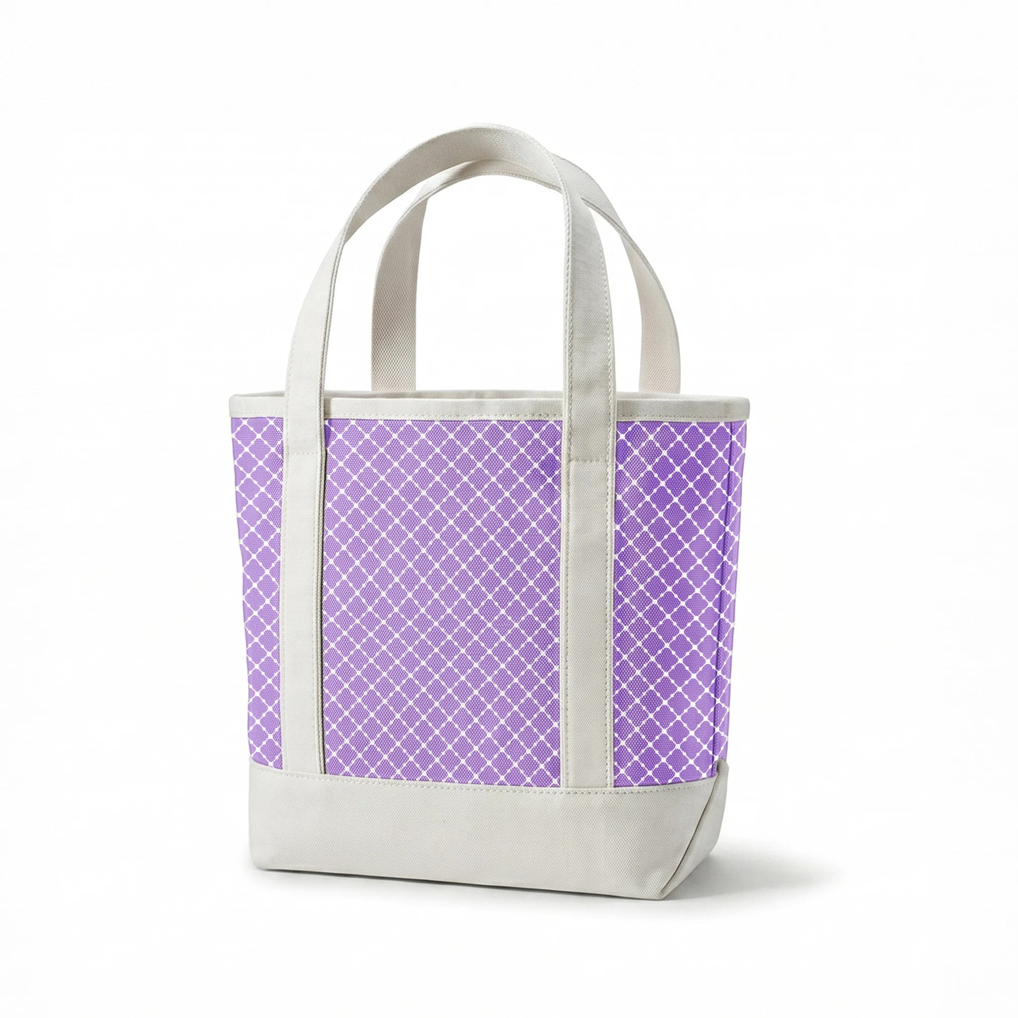 Purple quatrefoil pattern with white lattice grid on lavender background springs canvastote mockup