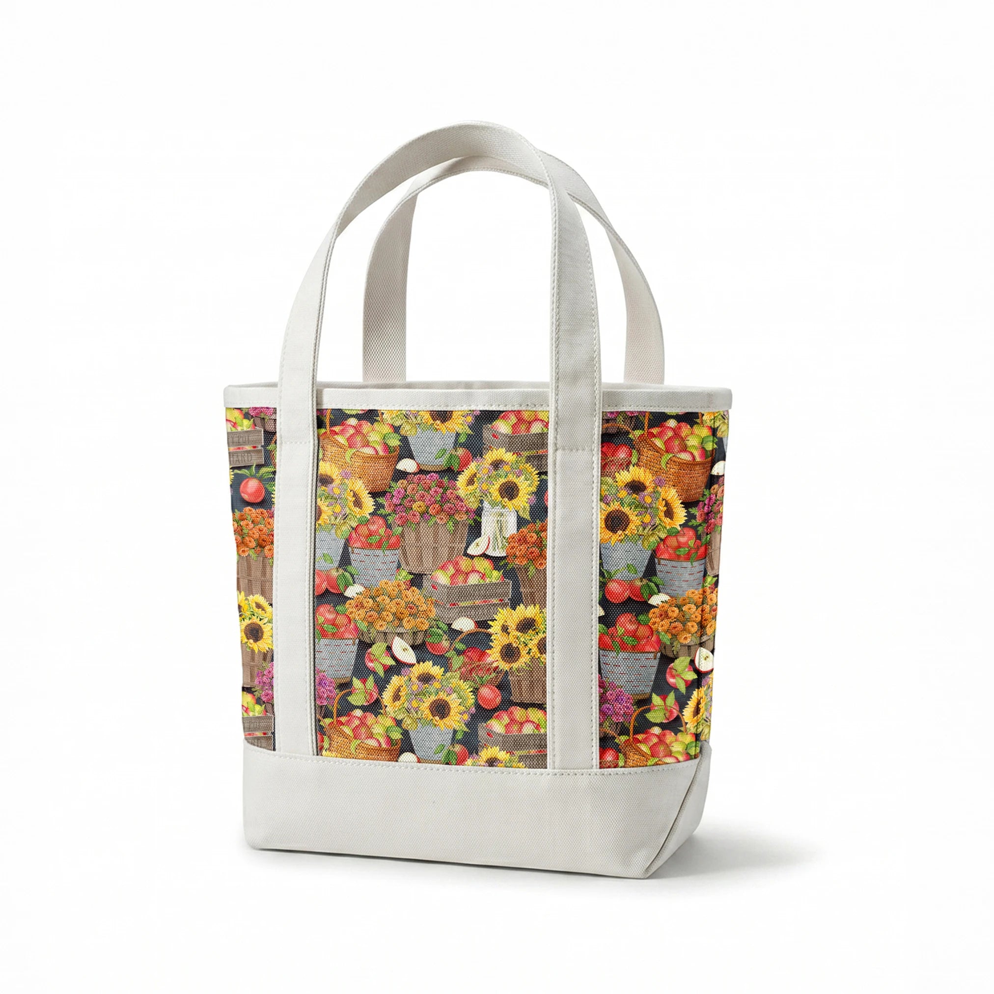 Baskets filled with sunflowers, mums, and apples in a colorful autumn harvest design by Nicole Tamarin. springs canvastote mockup