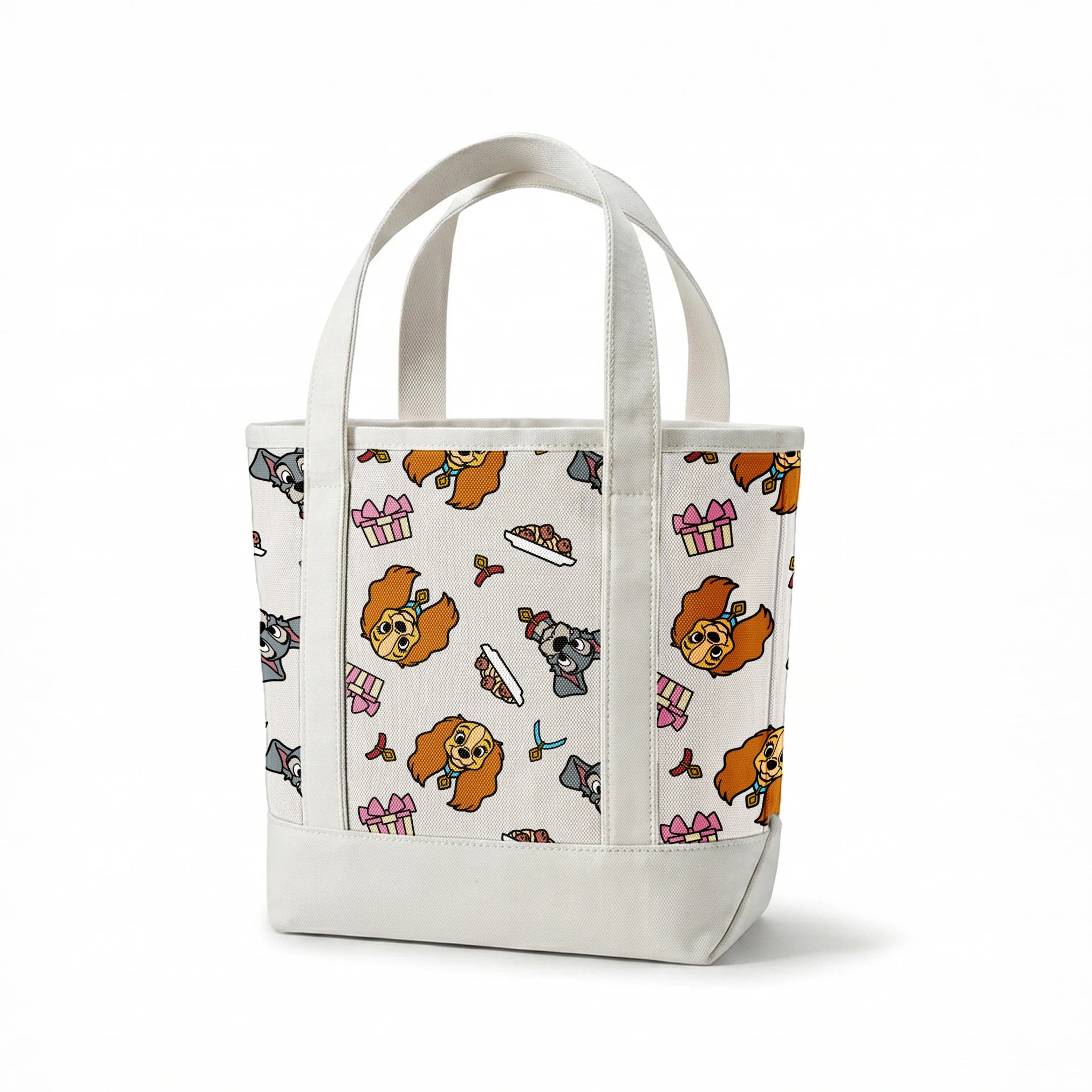 Cartoon pattern featuring Lady and Tramp dogs, gift boxes, bones, and ribbons on light gray background springs canvastote mockup