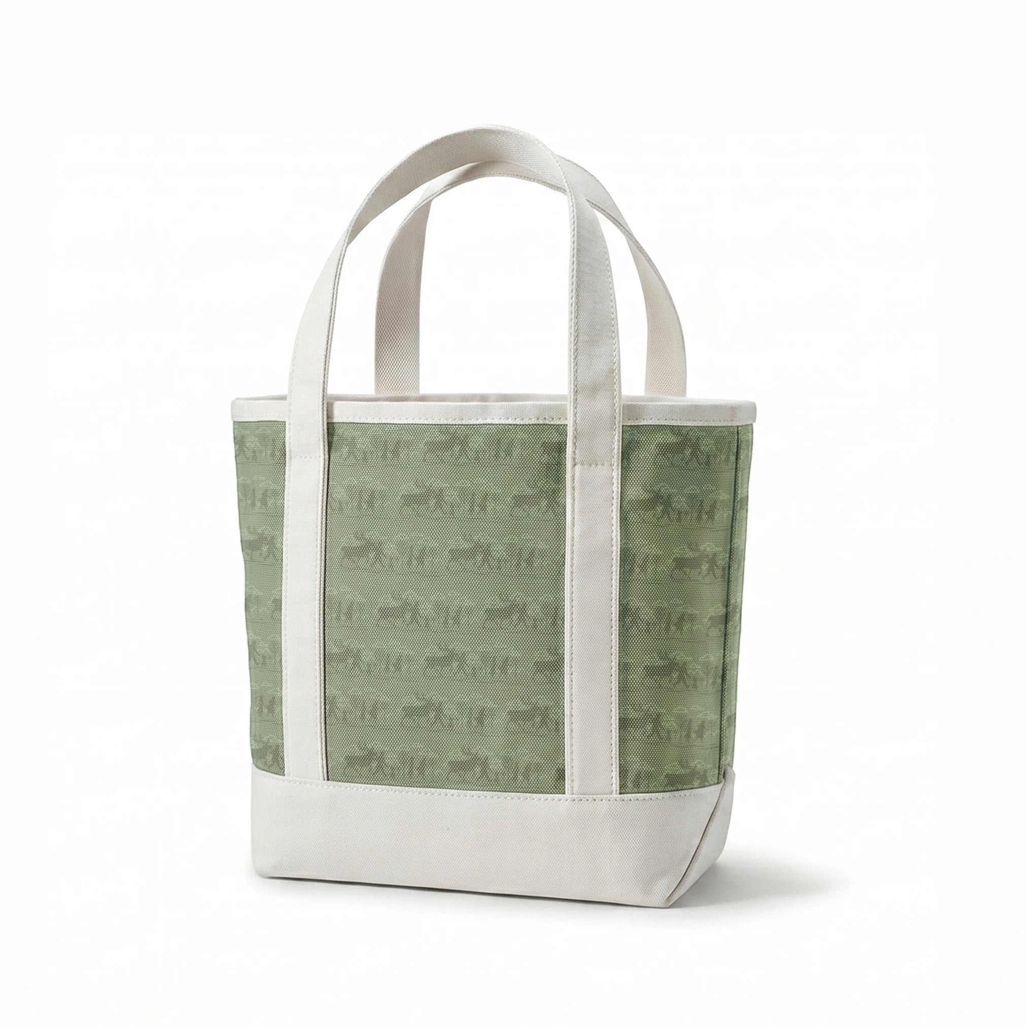 Muted green patterned design with repeating silhouettes of Frozen characters in horizontal bands springs canvastote mockup