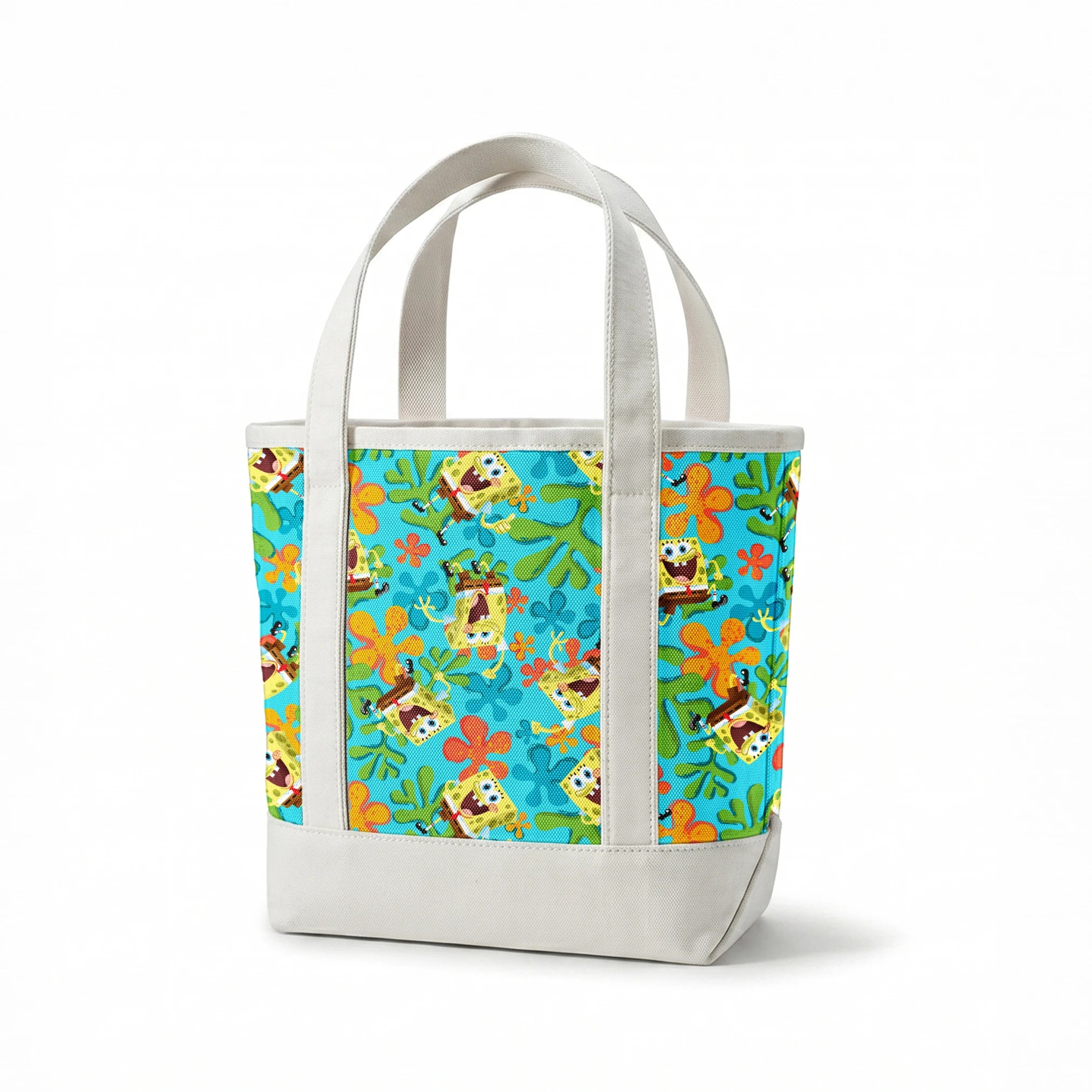 SpongeBob SquarePants pattern with colorful orange and blue flowers on turquoise background springs canvastote mockup