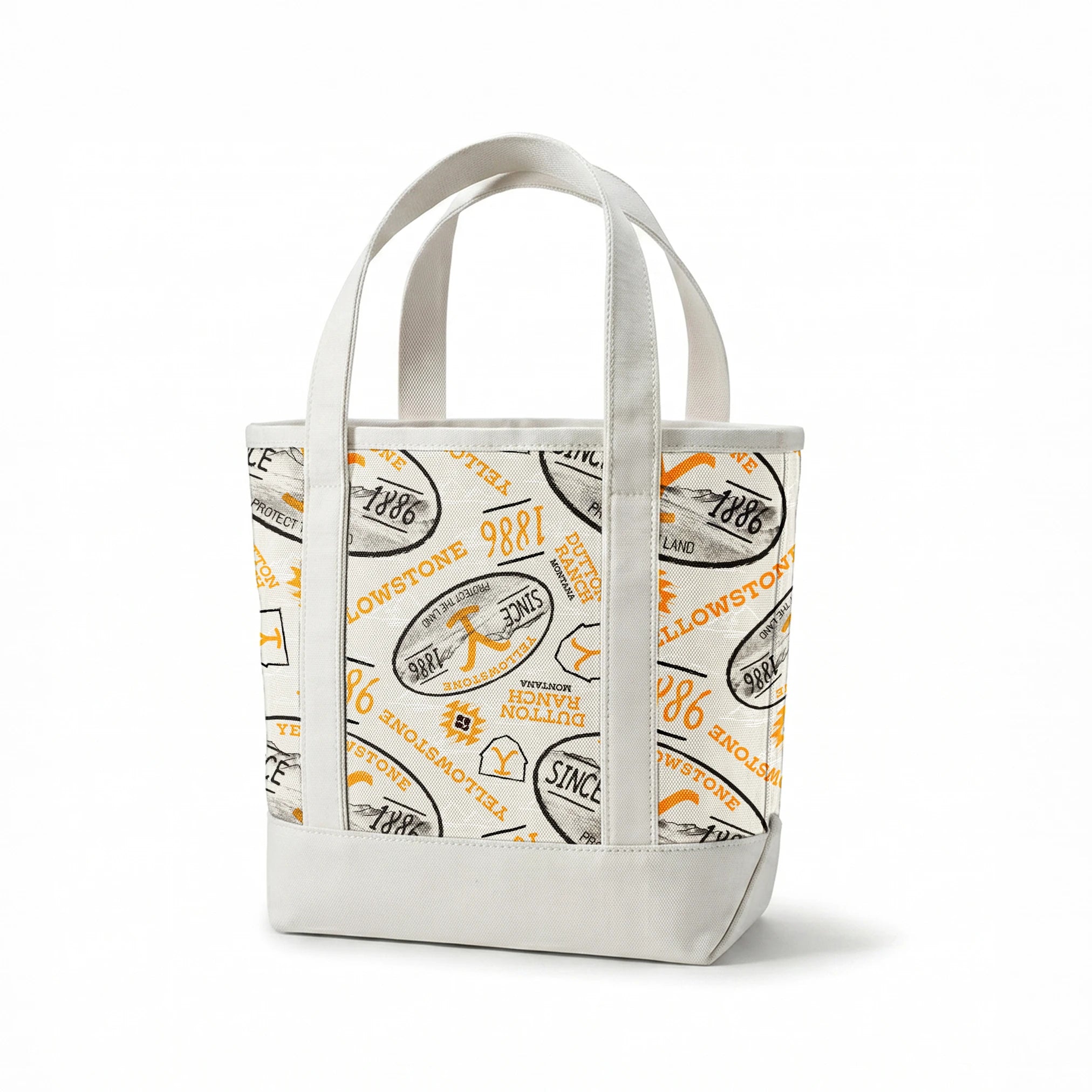 Yellowstone-themed design with black and gold badge graphics, “Protect the Land” text, and Dutton Ranch icons on a cream background. springs canvastote mockup
