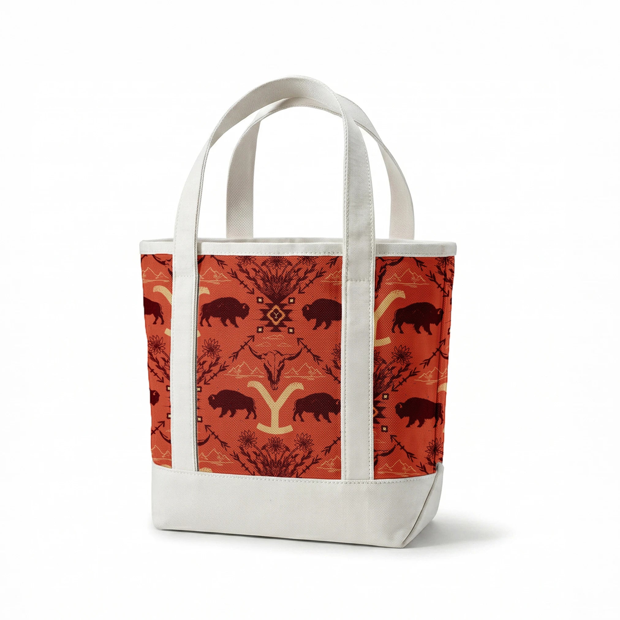 Terracotta and burgundy Yellowstone design with buffalo, skulls, wildflowers, and Western motifs. springs canvastote mockup
