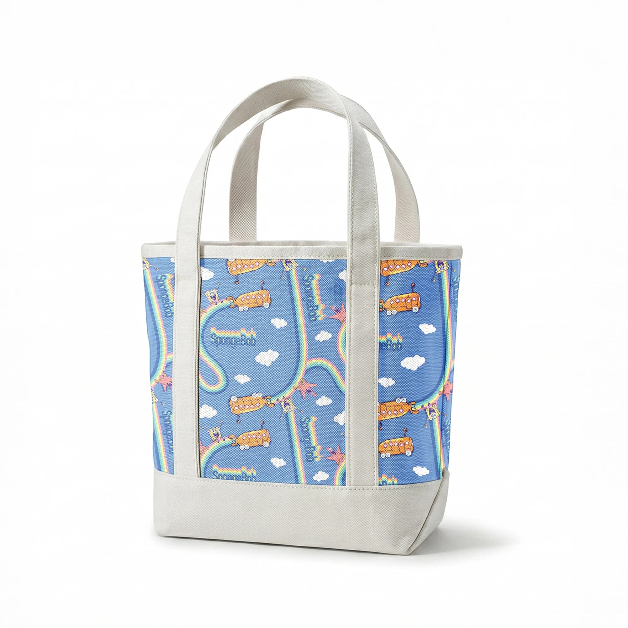SpongeBob pattern with cartoon characters, buses, rainbows and clouds on light blue background springs canvastote mockup
