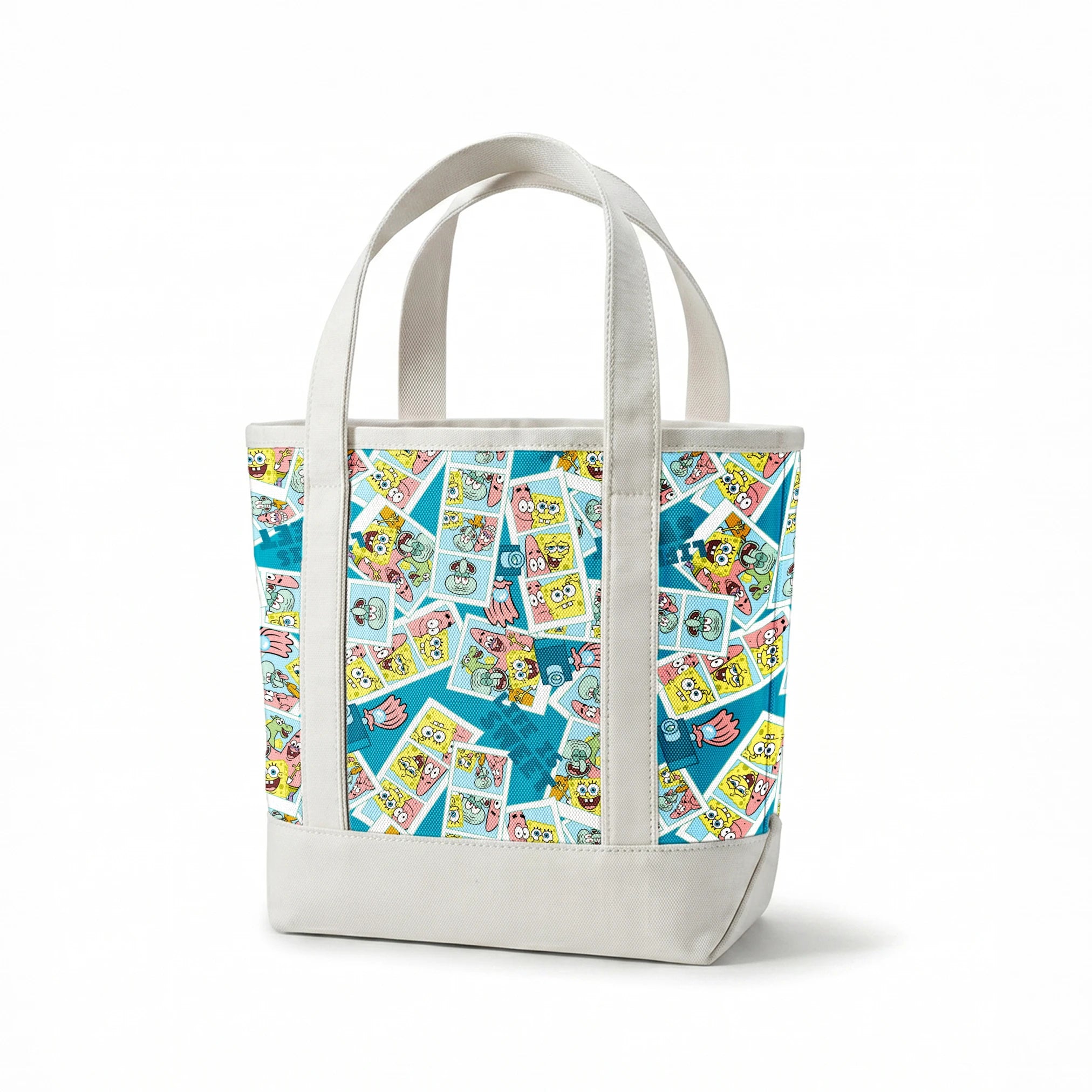 Photobooth-style SpongeBob SquarePants design featuring cartoon snapshots of SpongeBob, Patrick, and Squidward with “Life is Sweet” text on a blue background. springs canvastote mockup