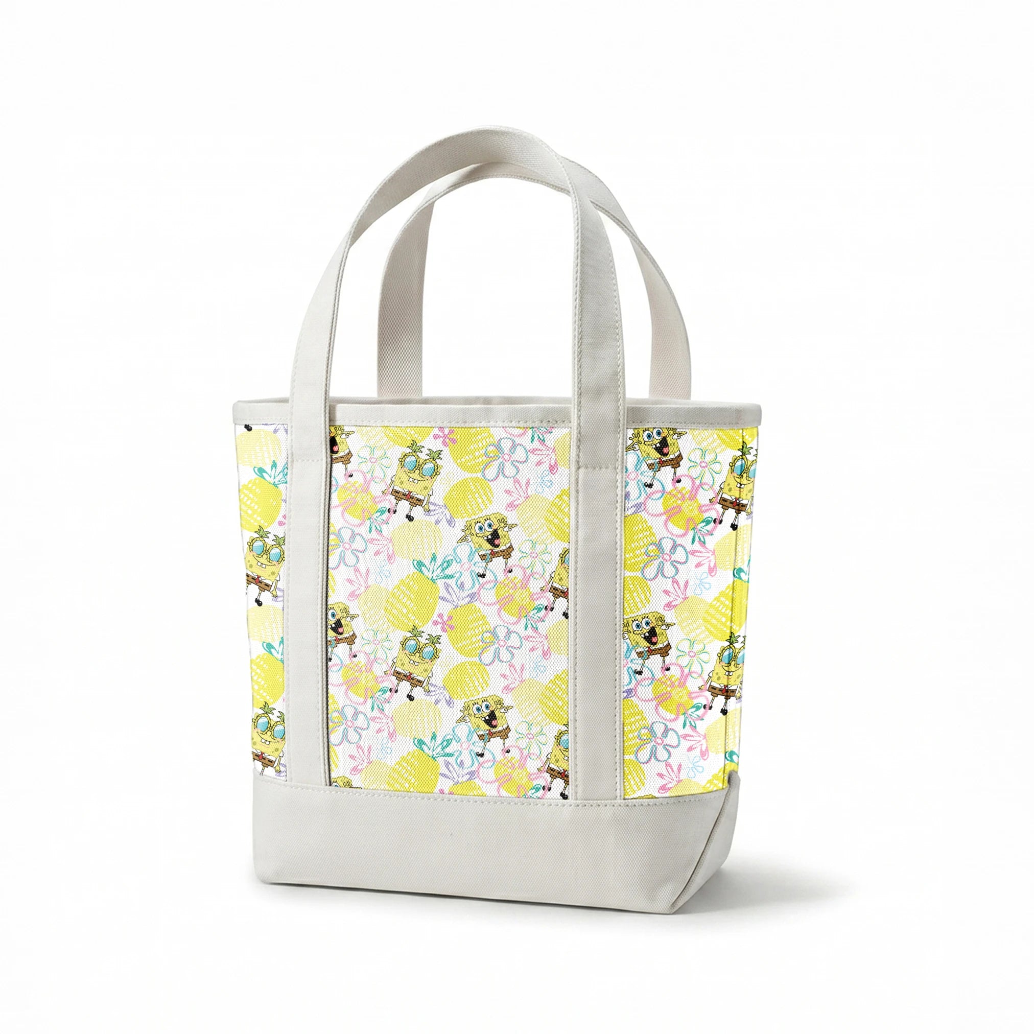 SpongeBob wearing pineapple glasses surrounded by yellow pineapples and pastel floral sketches on a white background in a playful Nickelodeon design. springs canvastote mockup