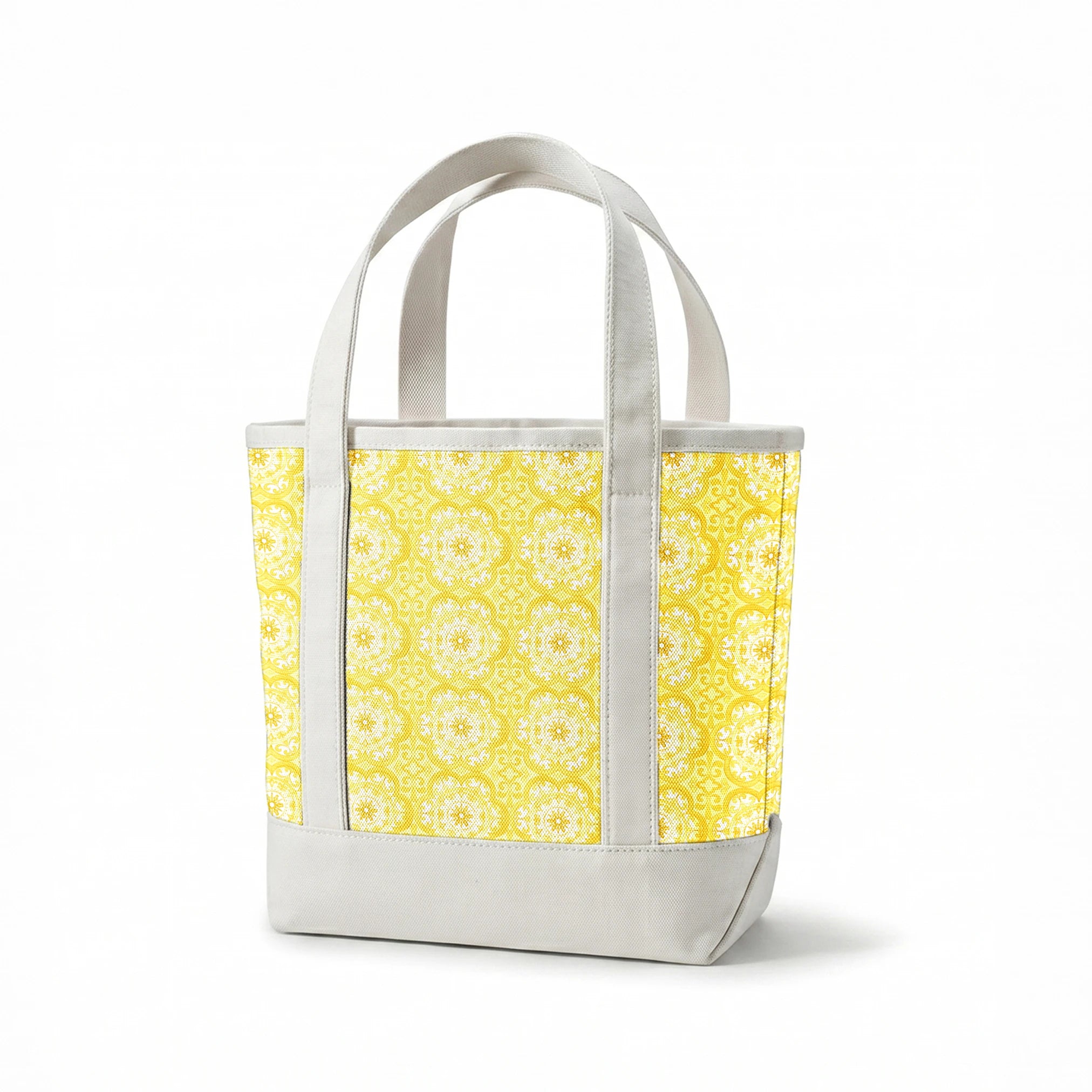 Bright yellow decorative pattern with white floral medallions in repeating ornamental design springs canvastote mockup