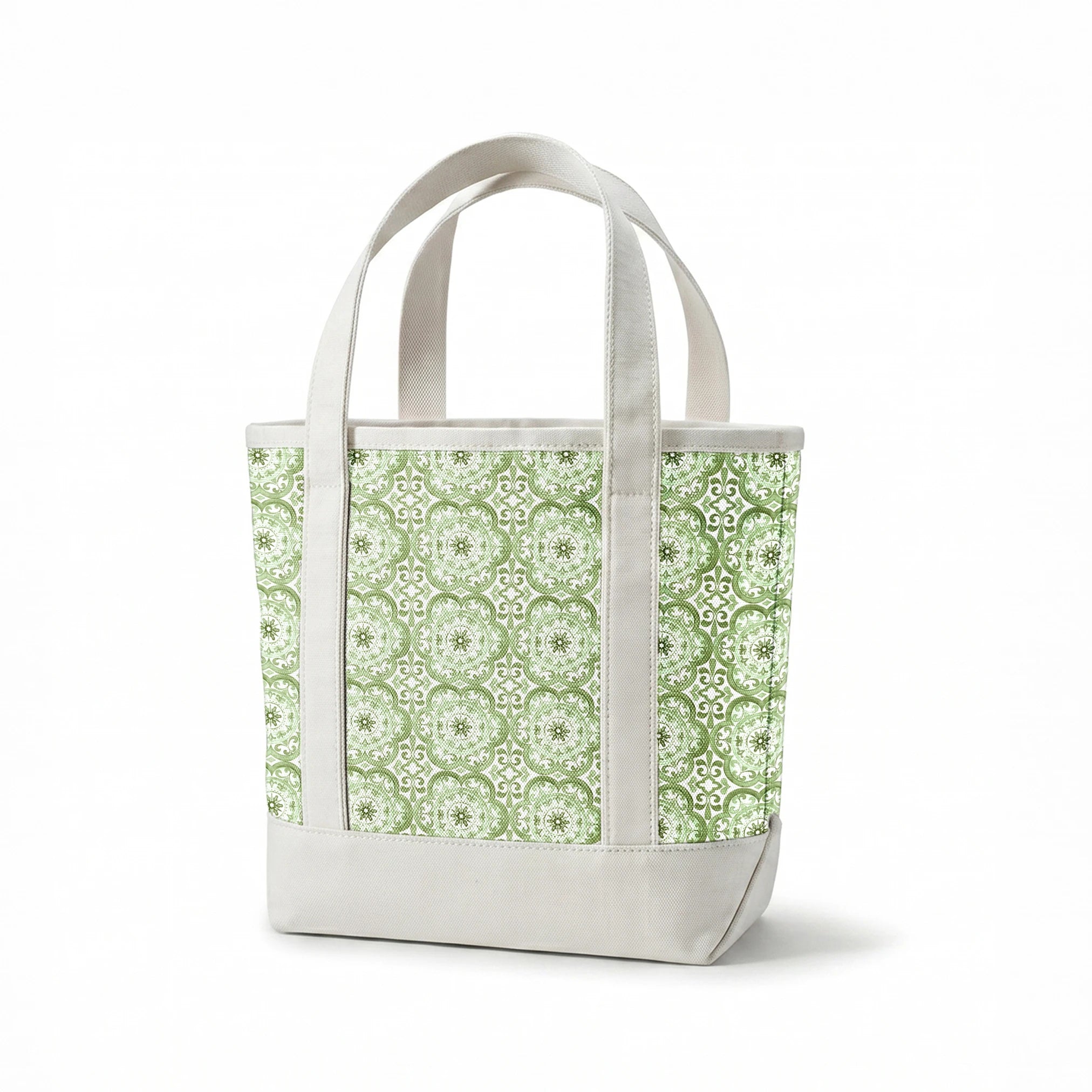 Green medallion tile-inspired pattern by Nicole Tamarin, featuring ornate floral details in a repeating square layout. springs canvastote mockup