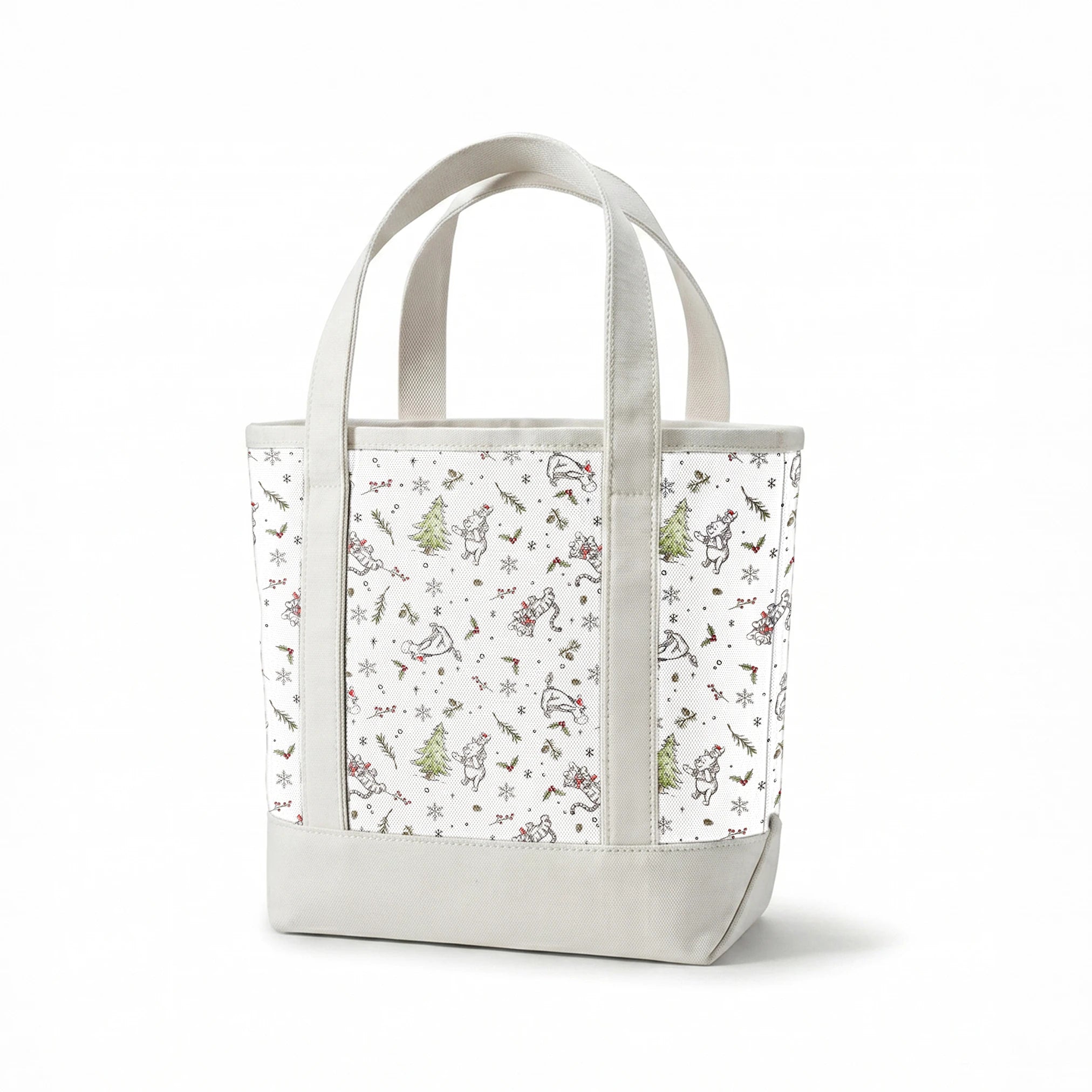Delicate white winter pattern with cartoon mice, pine trees, holly berries, and snowflakes springs canvastote mockup
