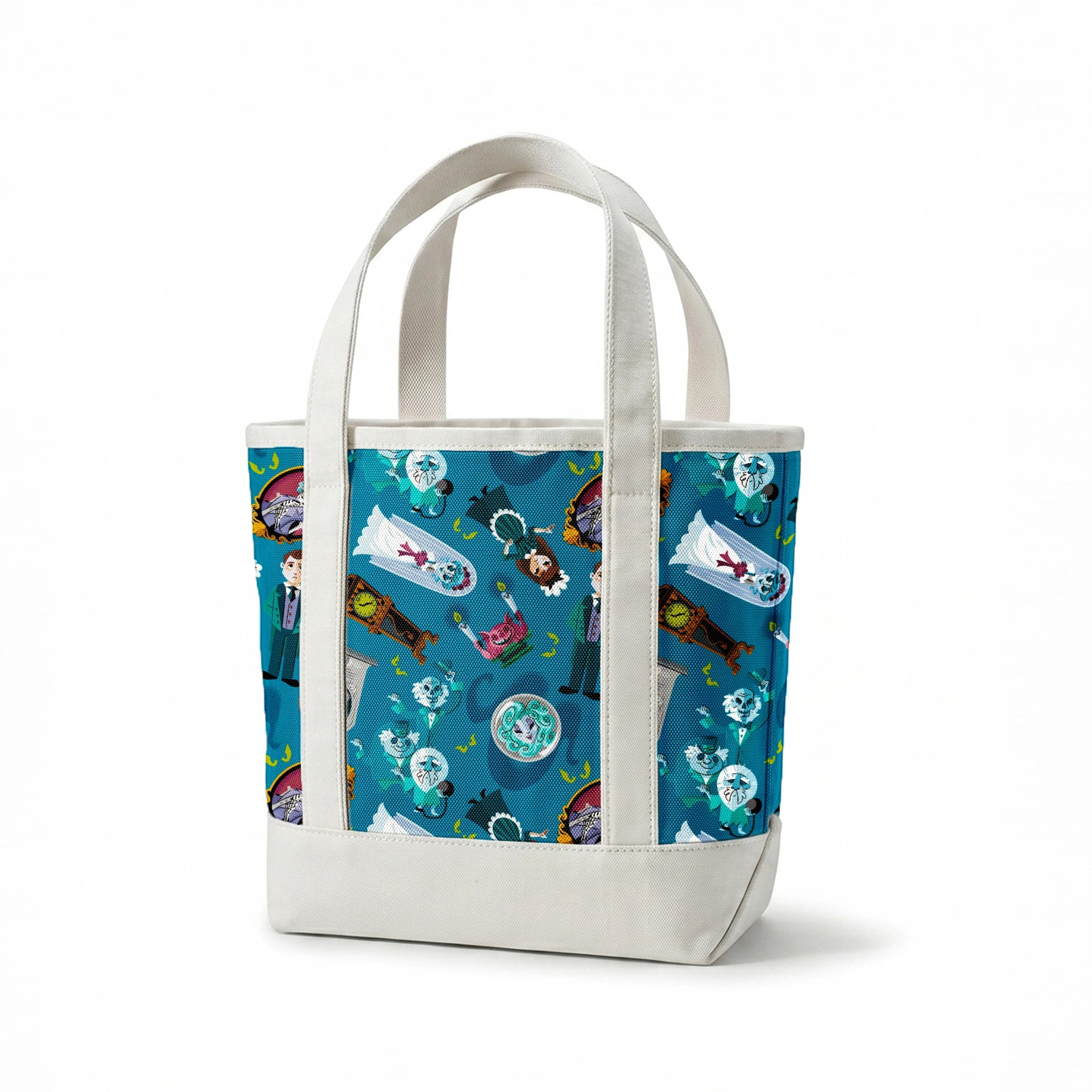 Haunted Mansion themed pattern with cartoon ghosts, portraits, coffins, and spooky elements on teal background springs canvastote mockup