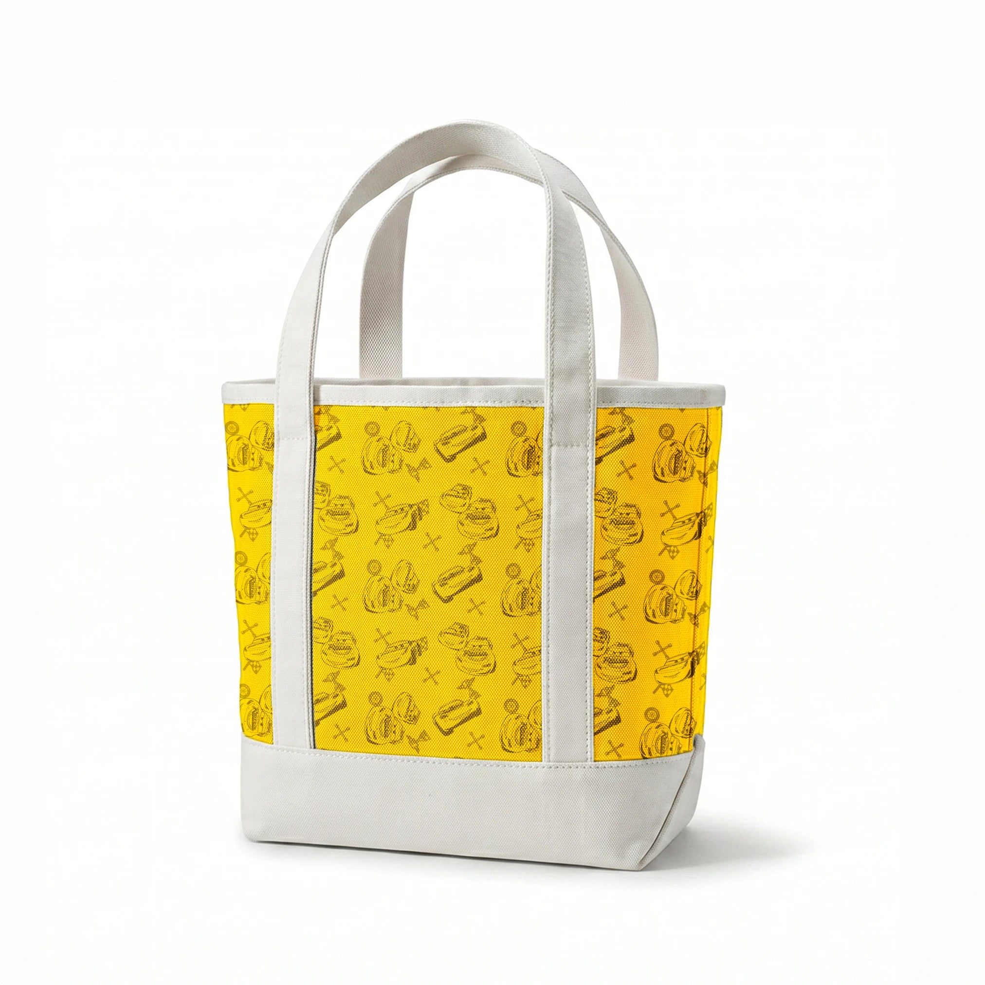 Yellow background with cartoon race cars, tires, and tool icons in a repeating pattern design springs canvastote mockup