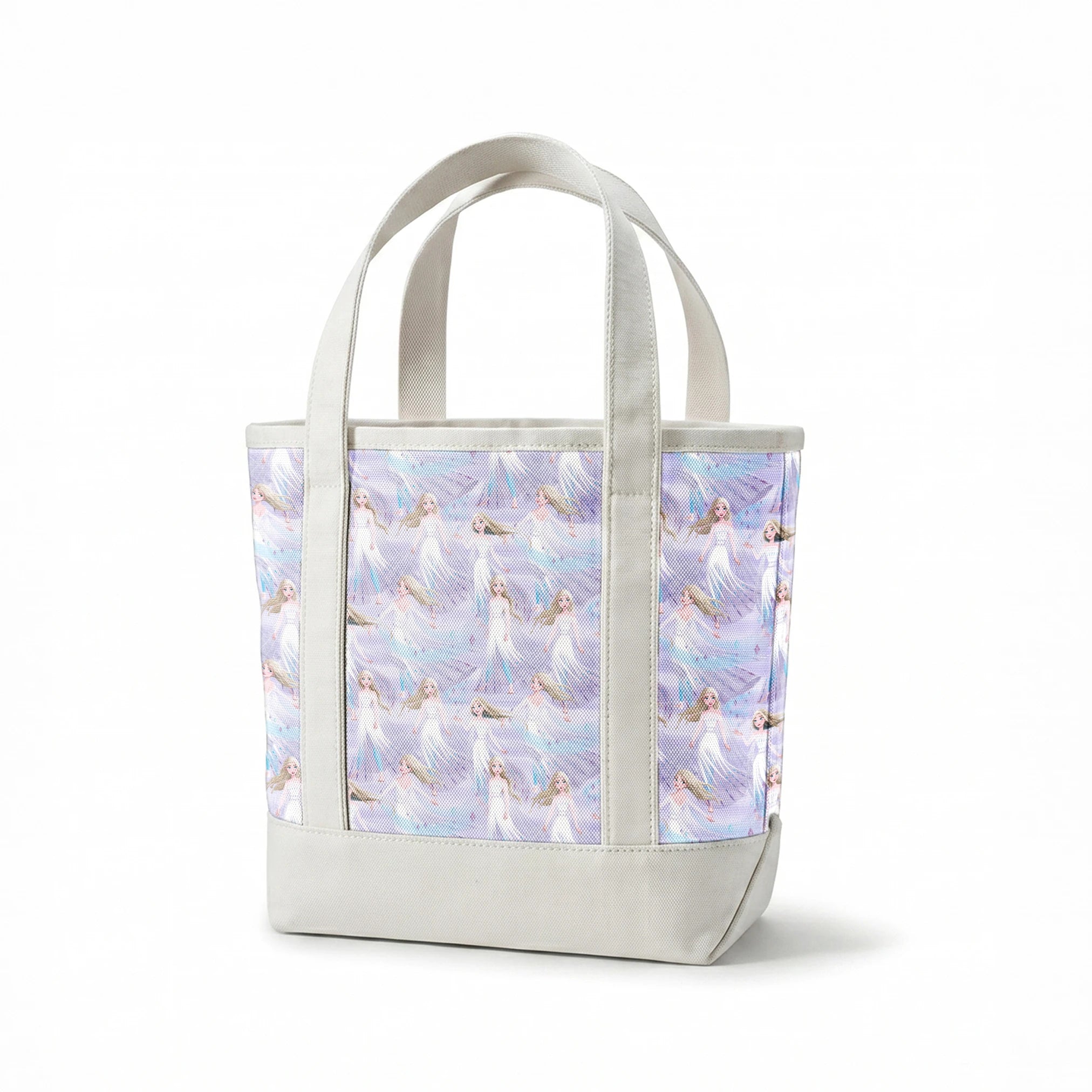 Frozen's Elsa against a dreamy purple-blue background springs canvastote mockup