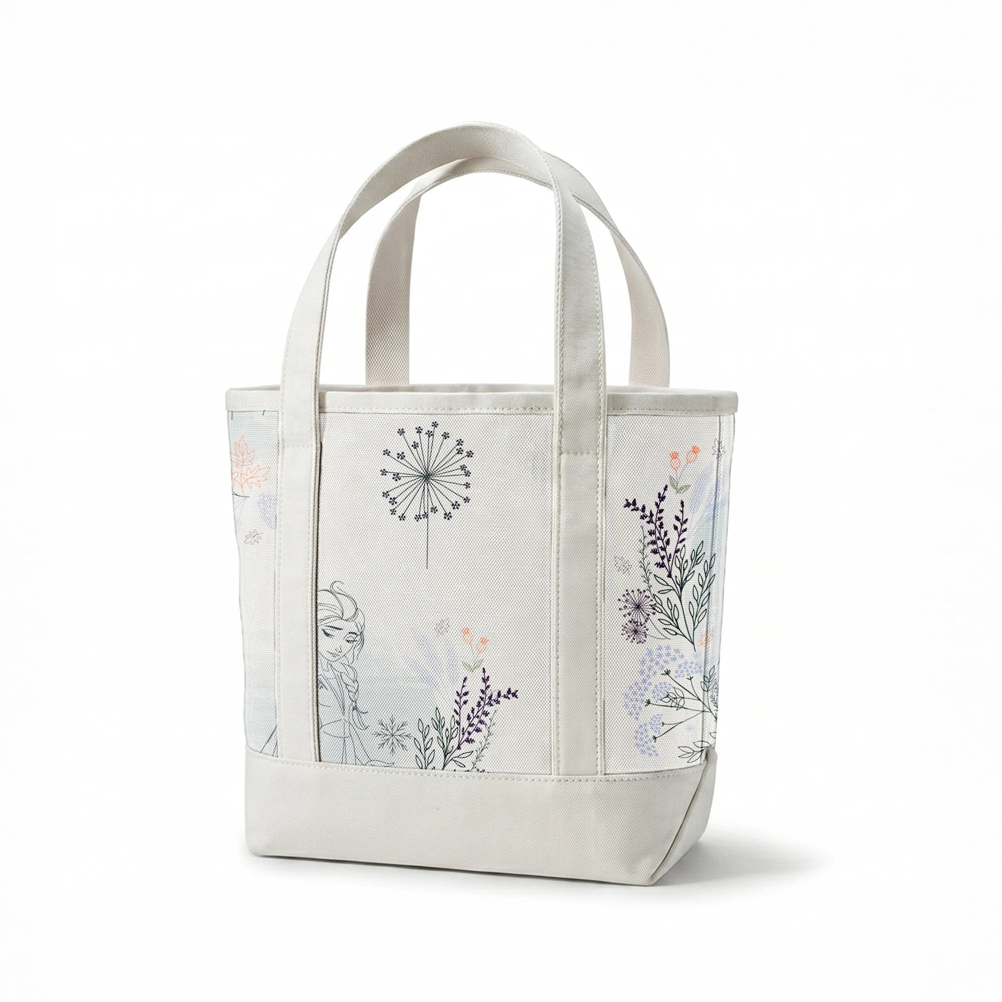 Delicate blue pattern featuring Frozen's Elsa and Anna surrounded by floral elements and dandelions on a light background springs canvastote mockup