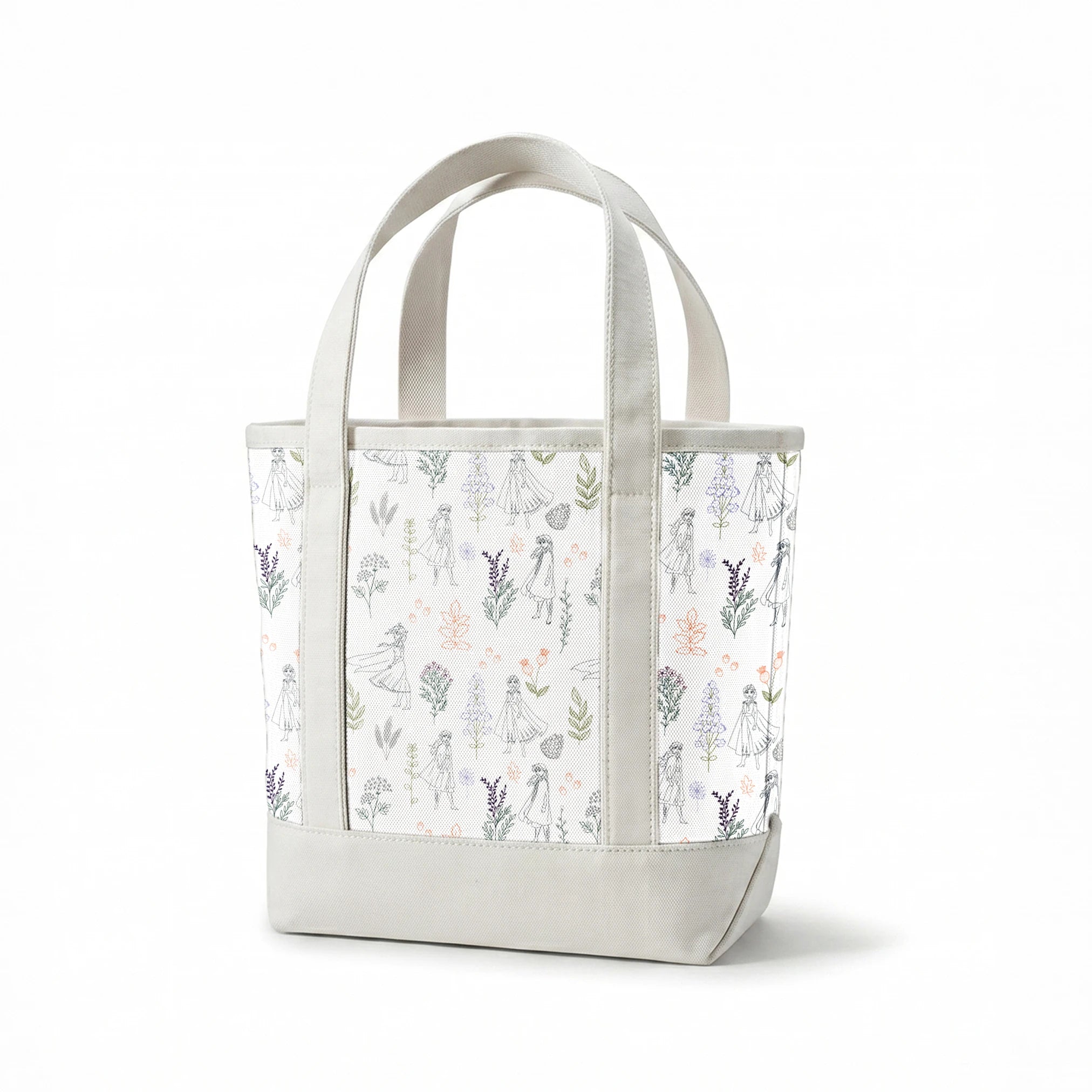 Delicate line drawing pattern of Elsa and Anna among botanical illustrations and flowers in soft colors springs canvastote mockup