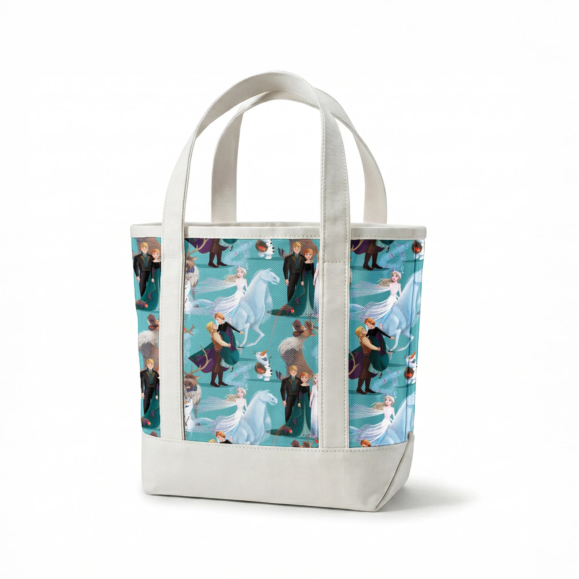 Characters from Frozen movie including Elsa, Olaf, Sven and others on turquoise background springs canvastote mockup