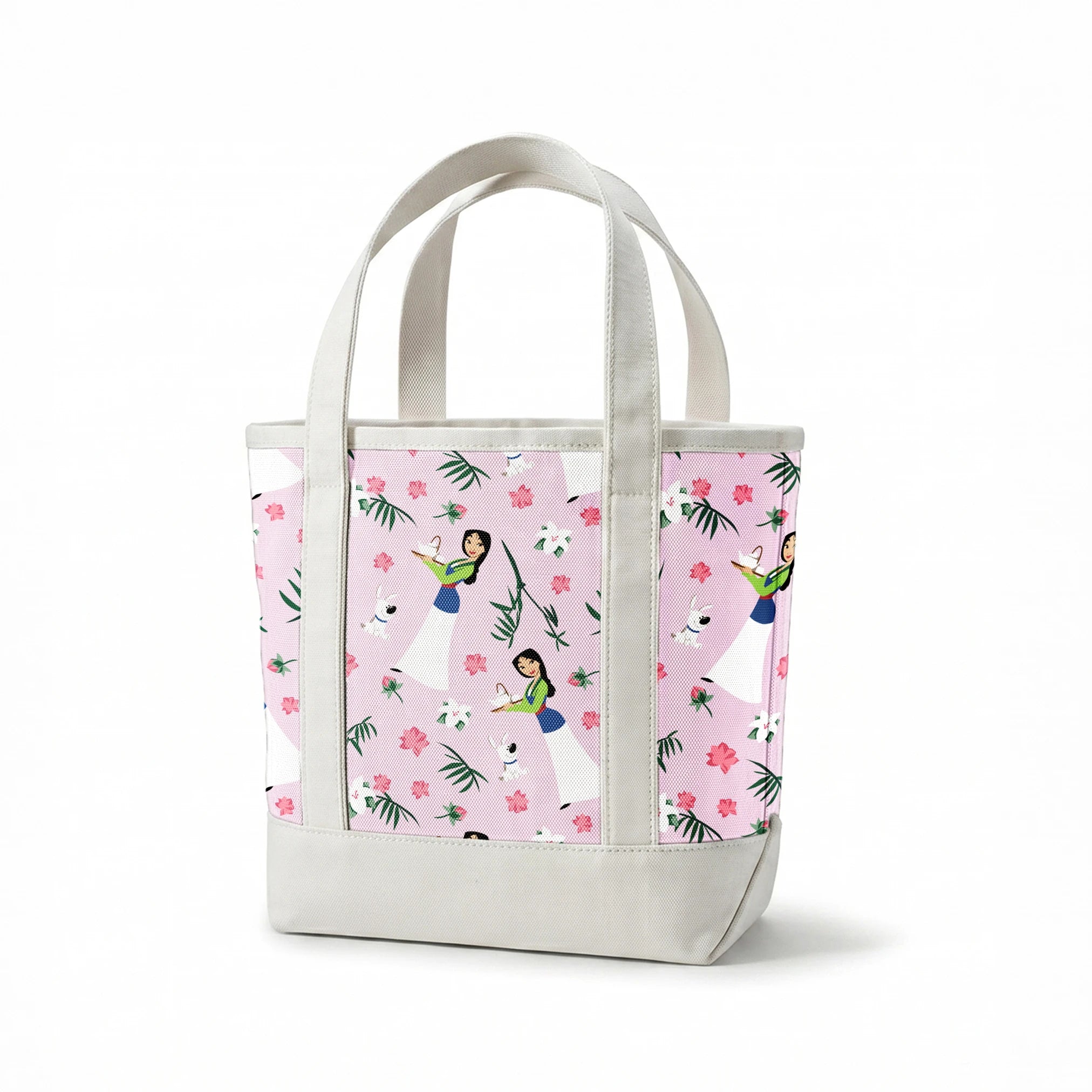 Illustrated pattern on light purple background with cartoon figures in white dresses, pink flowers, green palm leaves, and white rabbits. springs canvastote mockup