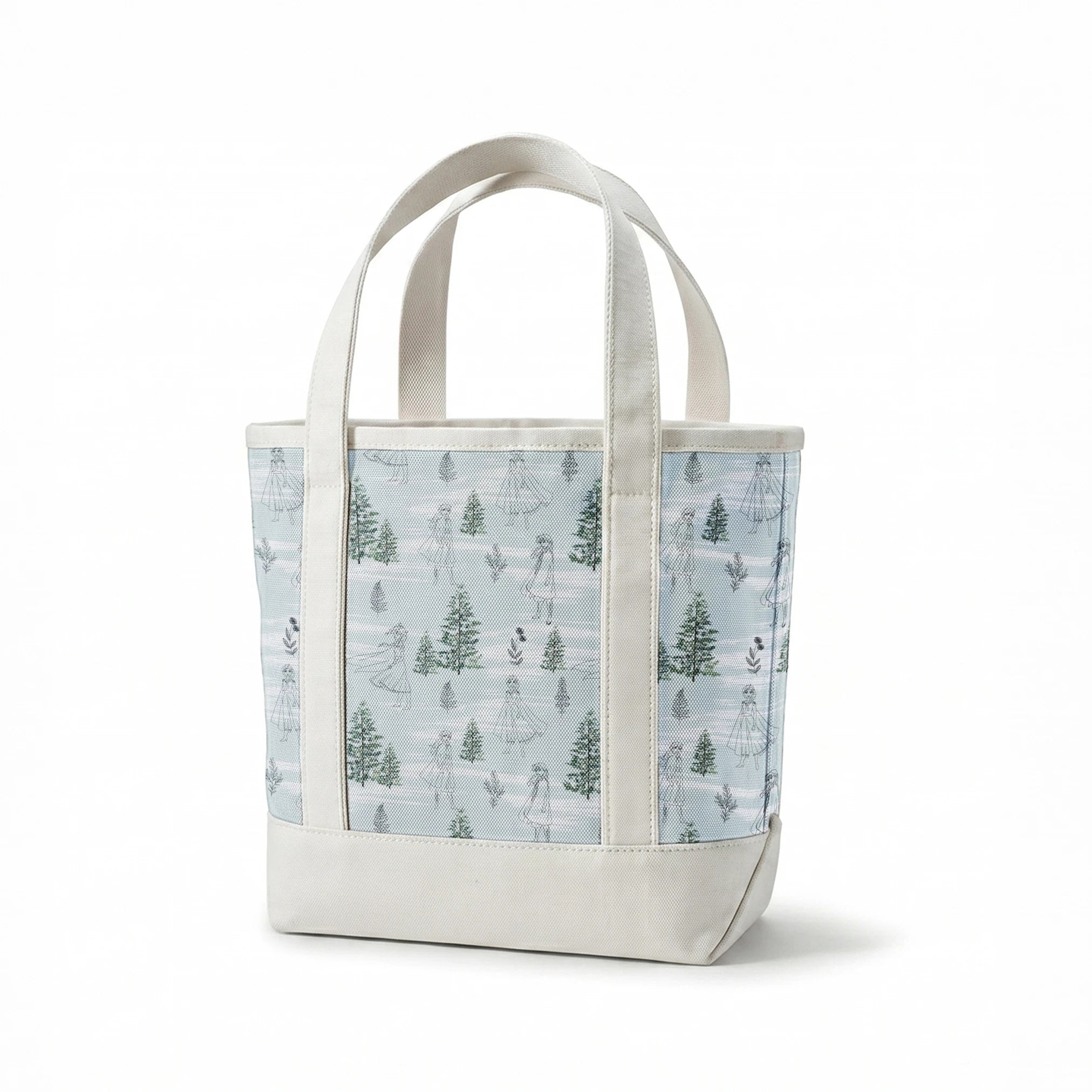 Pale blue pattern with delicate line drawings of pine trees, Elsa, and Anna across a wintry landscape springs canvastote mockup