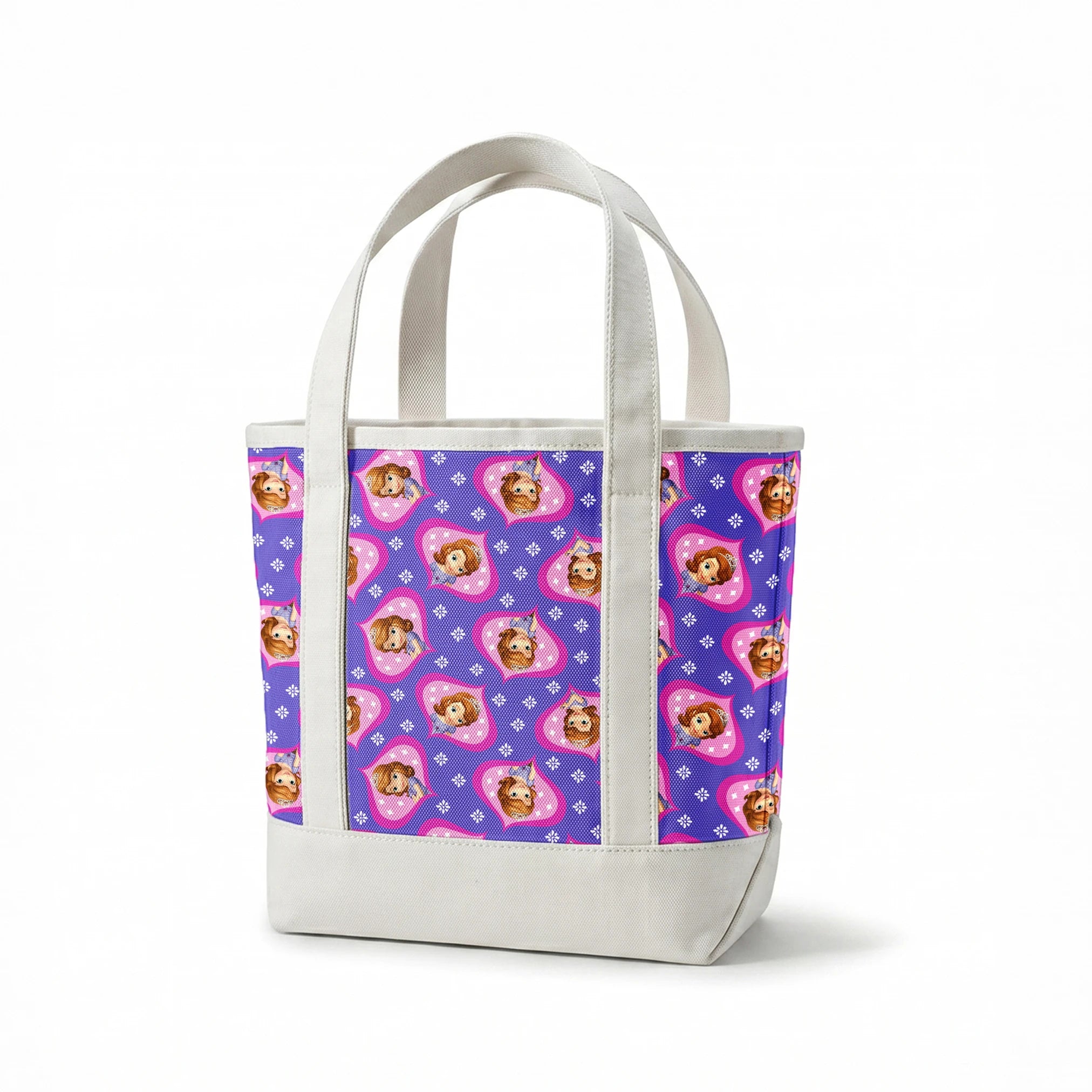 Sofia the First in pink frames pattern with white accents on purple background springs canvastote mockup